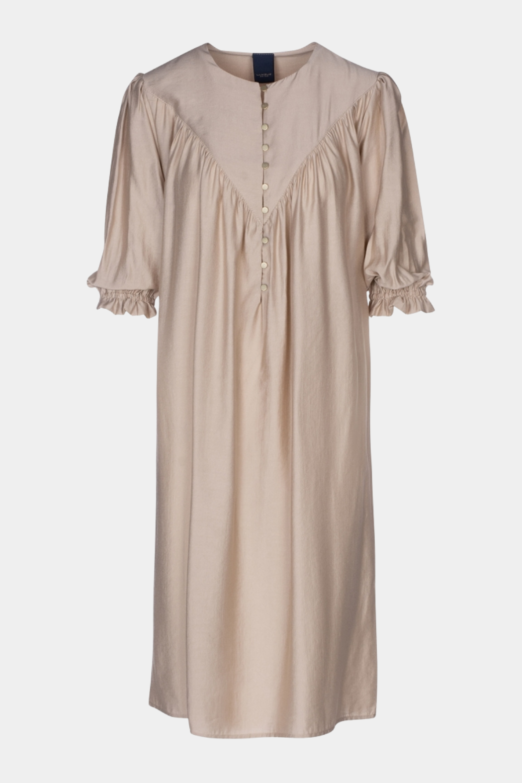 kjole, dress, midi, løs, loose, rummelig, kortærmet, 2/4, smock, elastik, flæse, rynk, knapper, guld, beige, sand, taupe, luftig, sommer, sommerkjole, elegant, fin, feminin, basic, basis, hverdag, fest, kvinde, dame, woman