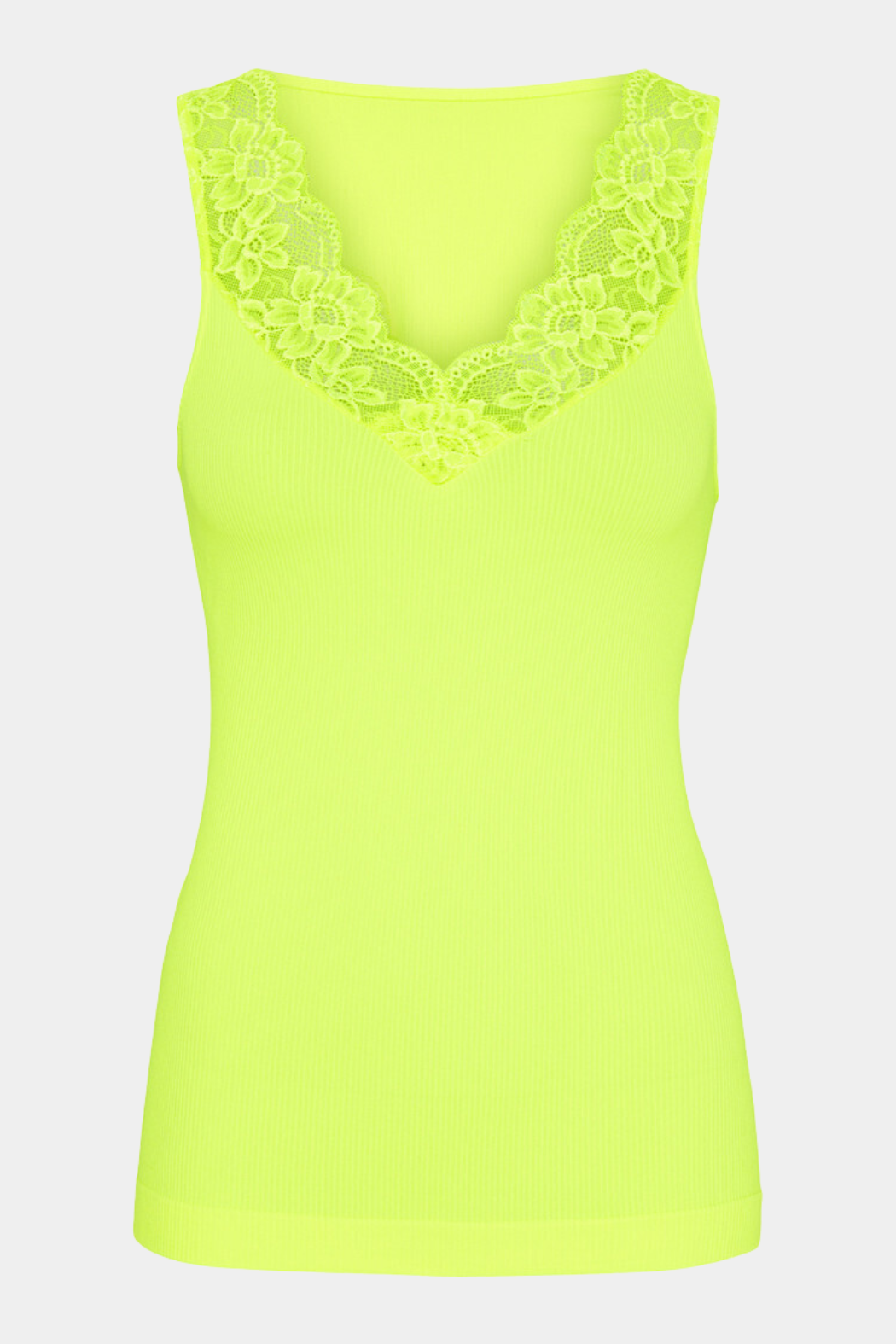 top, bluse, blouse, gul, yellow. grøn, green, neon, lace, blonde, rib, stretchy, elastik, mikrofiber, microfiber, kvinde, dame, woman, farveægte, allergivenlig