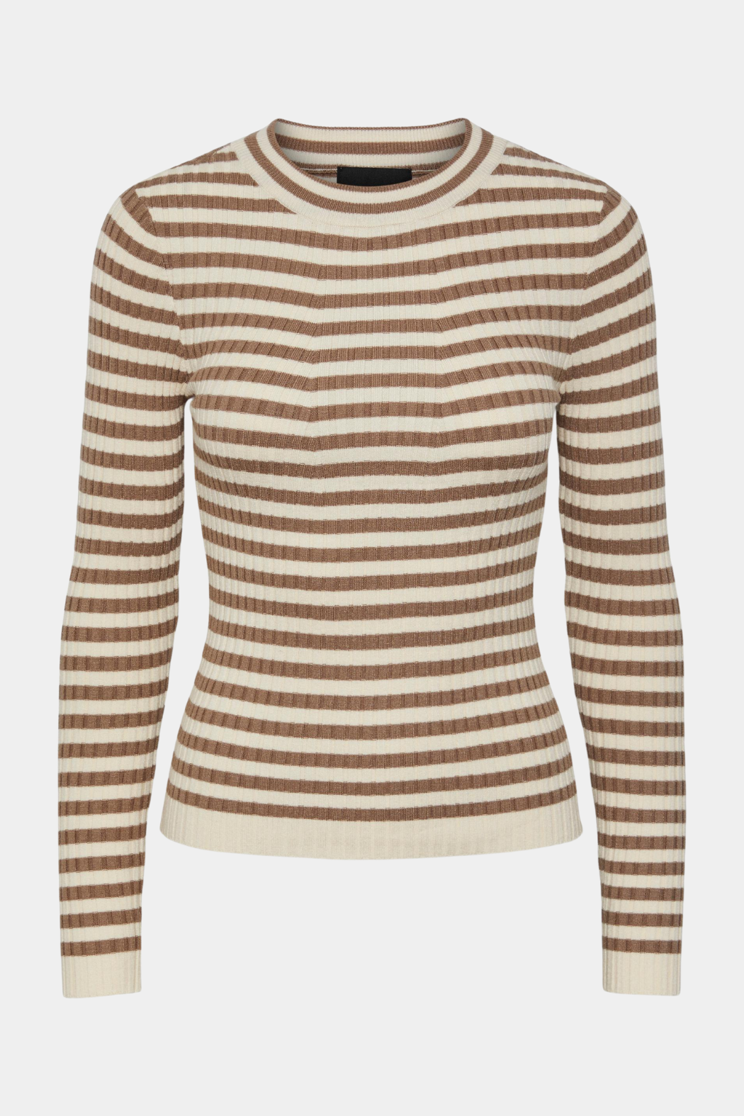 bluse, blouse, shirt, langærmet, strik, knit, strikbluse, pullover, striktrøje, tætsiddende, strams stribet, striber, stripe, brun, brown, beige, råhvid, off white, blød, soft, rib, ribbet, ribstrikket, varm, hverdag, soft, blød, stretch, kvinde, dame, woman