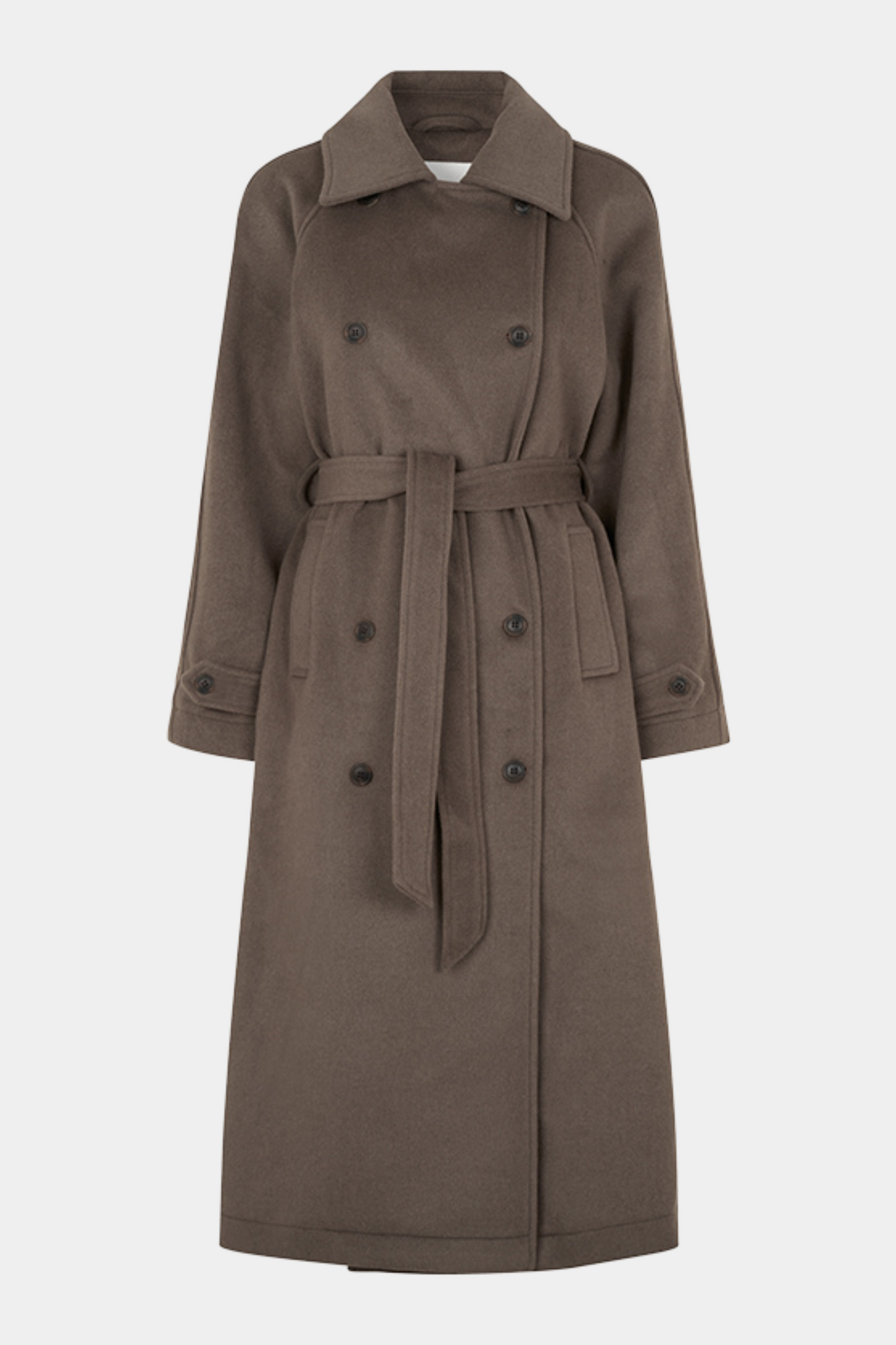 jakke, frakke, trenchcoat, brun, brown, grå, grey, gråbrun, overgangsjakke, coat, blød, soft, varm, warm, elegant, fin, feminin, old money, klassisk, classic, kvinde, dame, woman