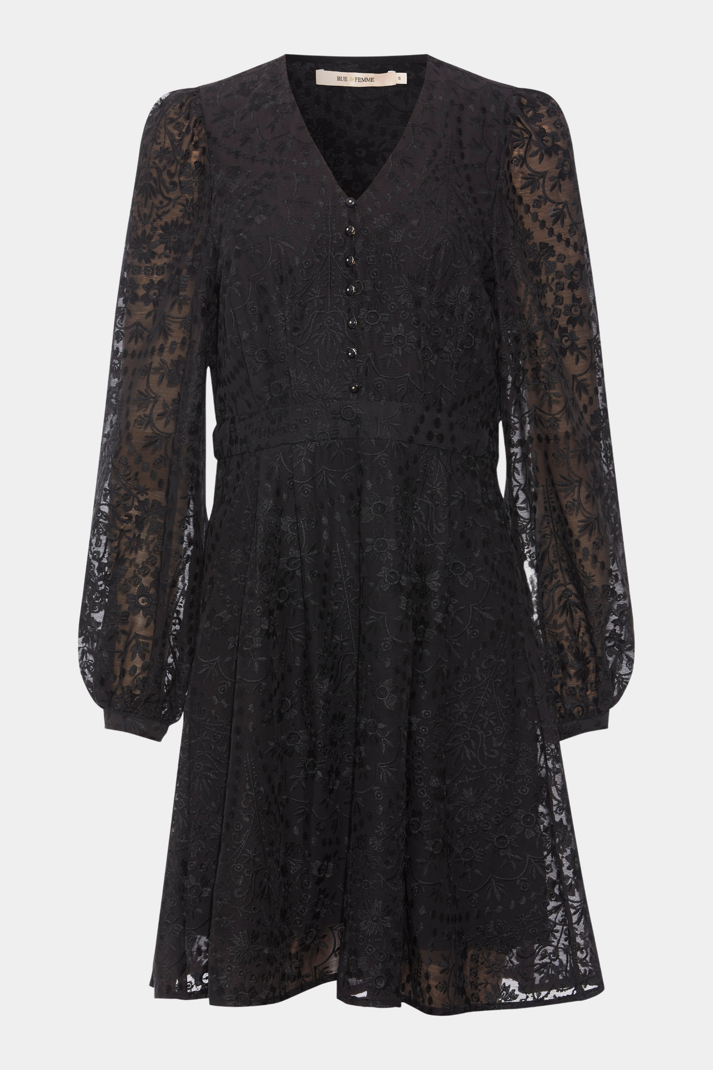 kjole, dress, short mini, midi, a-shape, løs, loose, langærmet, print, mønster, sort, black, jacquard, v-hals, taljeret, figursyet, faconsyet, elegant, fin, feminin, hverdag, fest, festkjole, kvinde, dame, woman