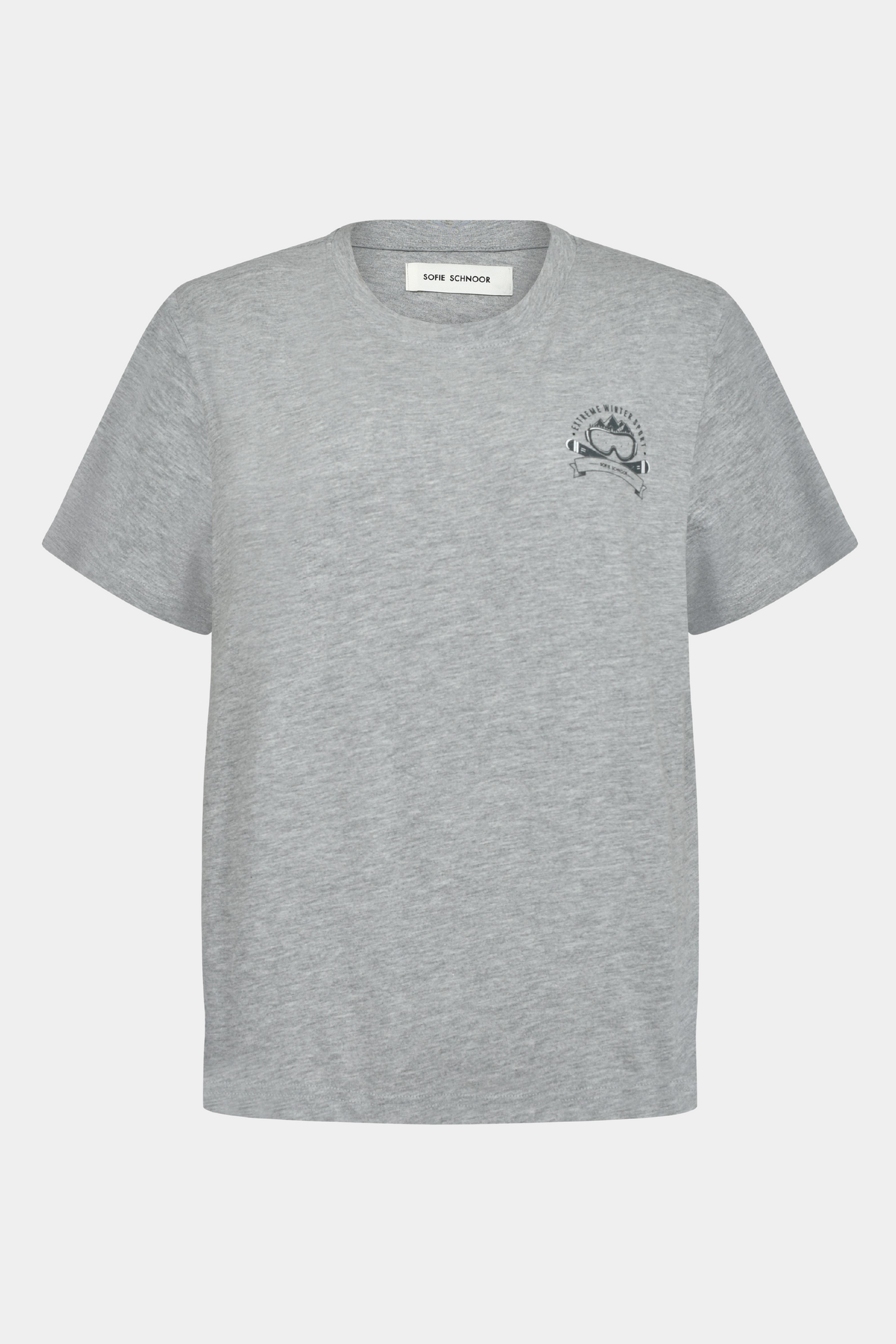 tee, t-shirt, tshirt, kortærmet, løs, loose, oversize, print, tryk, broderet, broderi, after ski, ski, cool, vinter, rå, hverdag, sport, sporty, kvinde, dame, woman, grey, grå, melange, meleret