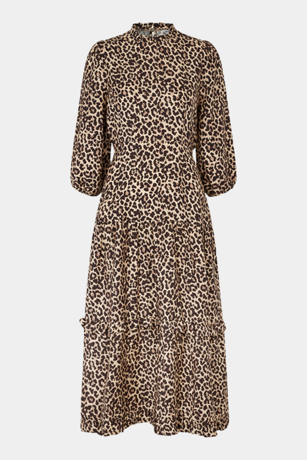 kjole, dress, maxi, maxikjole, maxidress, lang, flæse, flæser, leopard, leo, trekvart, 3/4, højhalset, a-shape, talje, figursyet, fin, fest, elegant, feminin, hverdag, kvinde, dame, woman