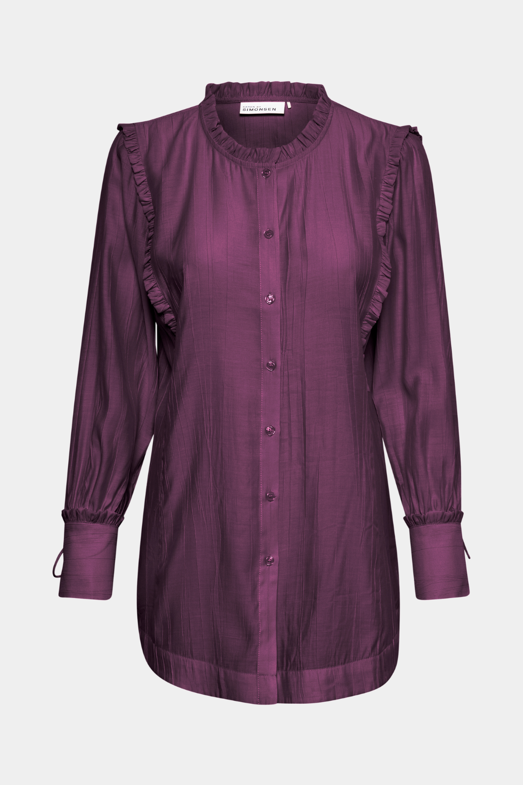 skjorte, shirt, lilla, purple, flæser, bindebånd, lang, løs, viskose, let, blød, fin, smuk, elegant, klassisk, feminin, cool, rå, sej, pæn, unik, musthave, hverdag, fest,