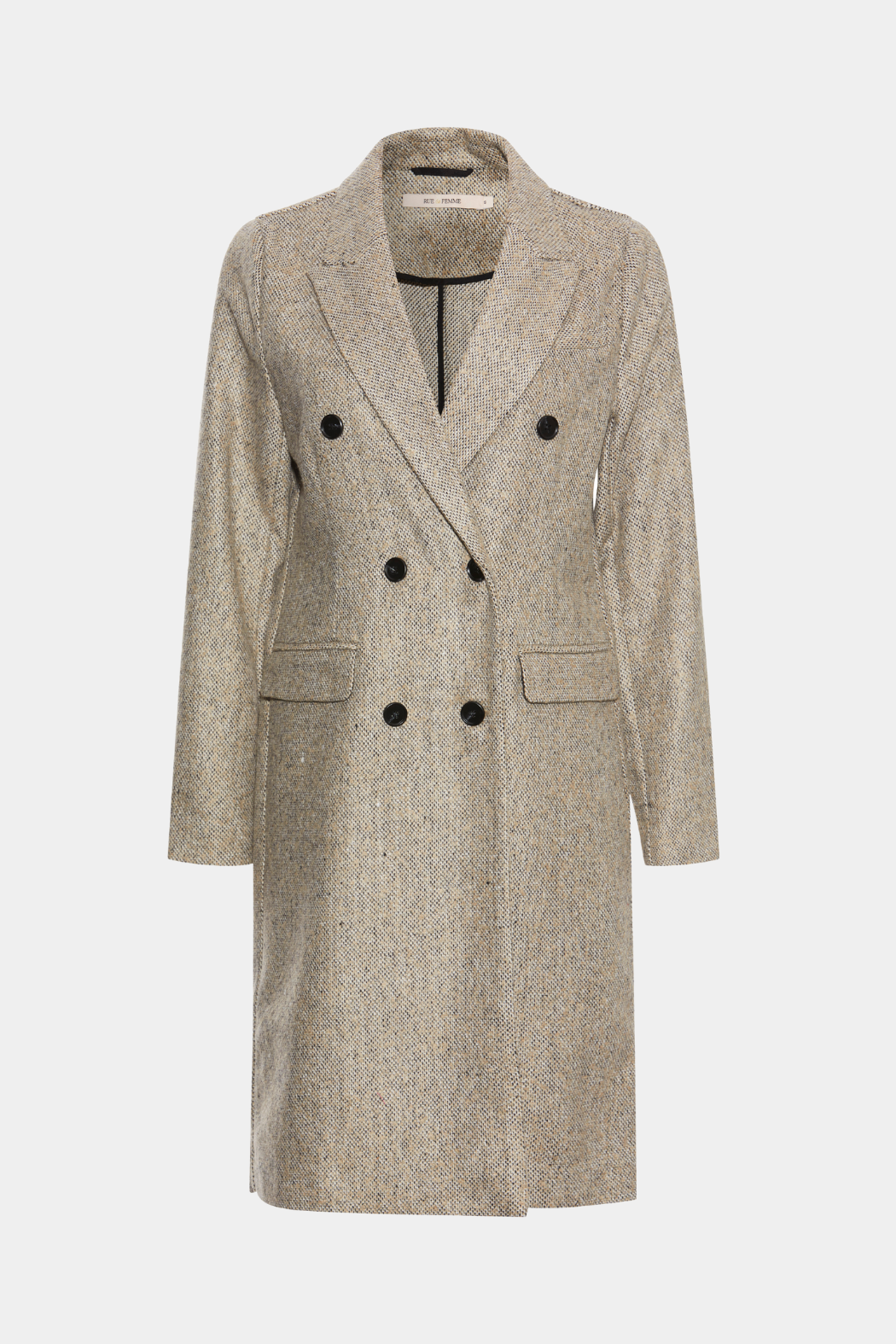 jakke, frakke, coat, lang, tung, varm, dobbeltradet, revers, knapper, fin, smuk, elegant, klassisk, feminin, pæn, rå, cool, sej, unik, hverdag, fest,