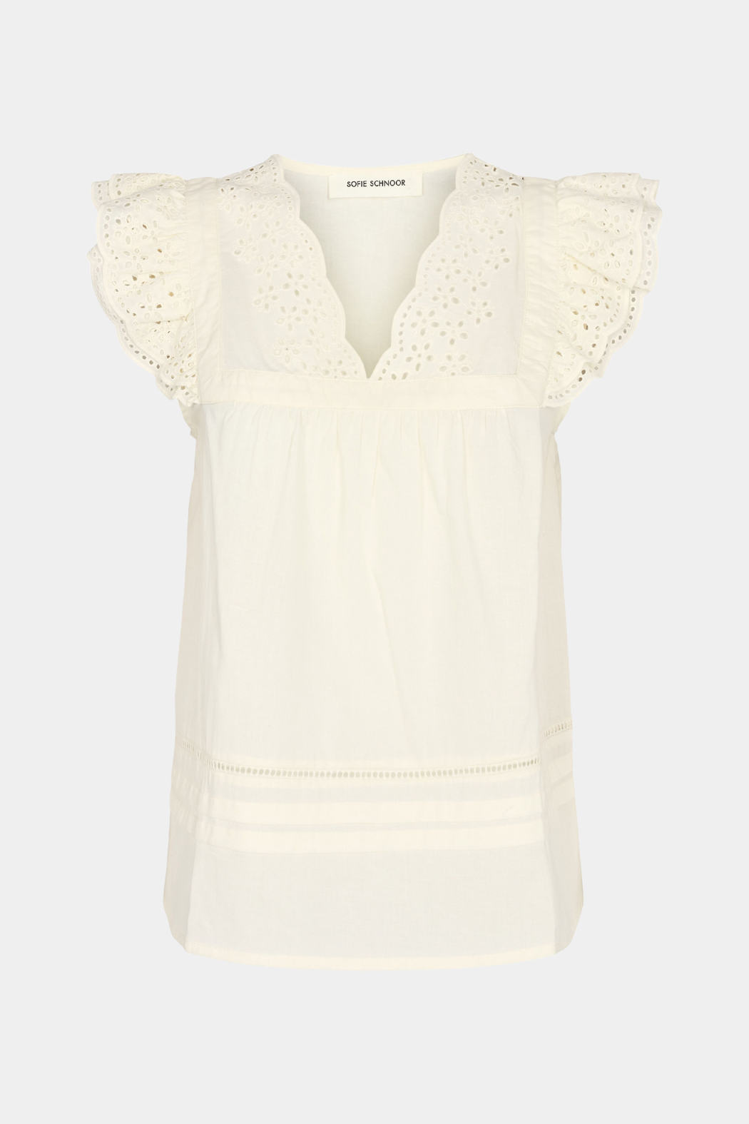 top, bluse, bomuld, cotton, beige, hvid, råhvid, broderi, anglaise, kortærmet, SL, v-hals, v-udskæring, løs, loose, soft, blød, hverdag, fin, fest, elegant, feminin, kvinde, dame, woman