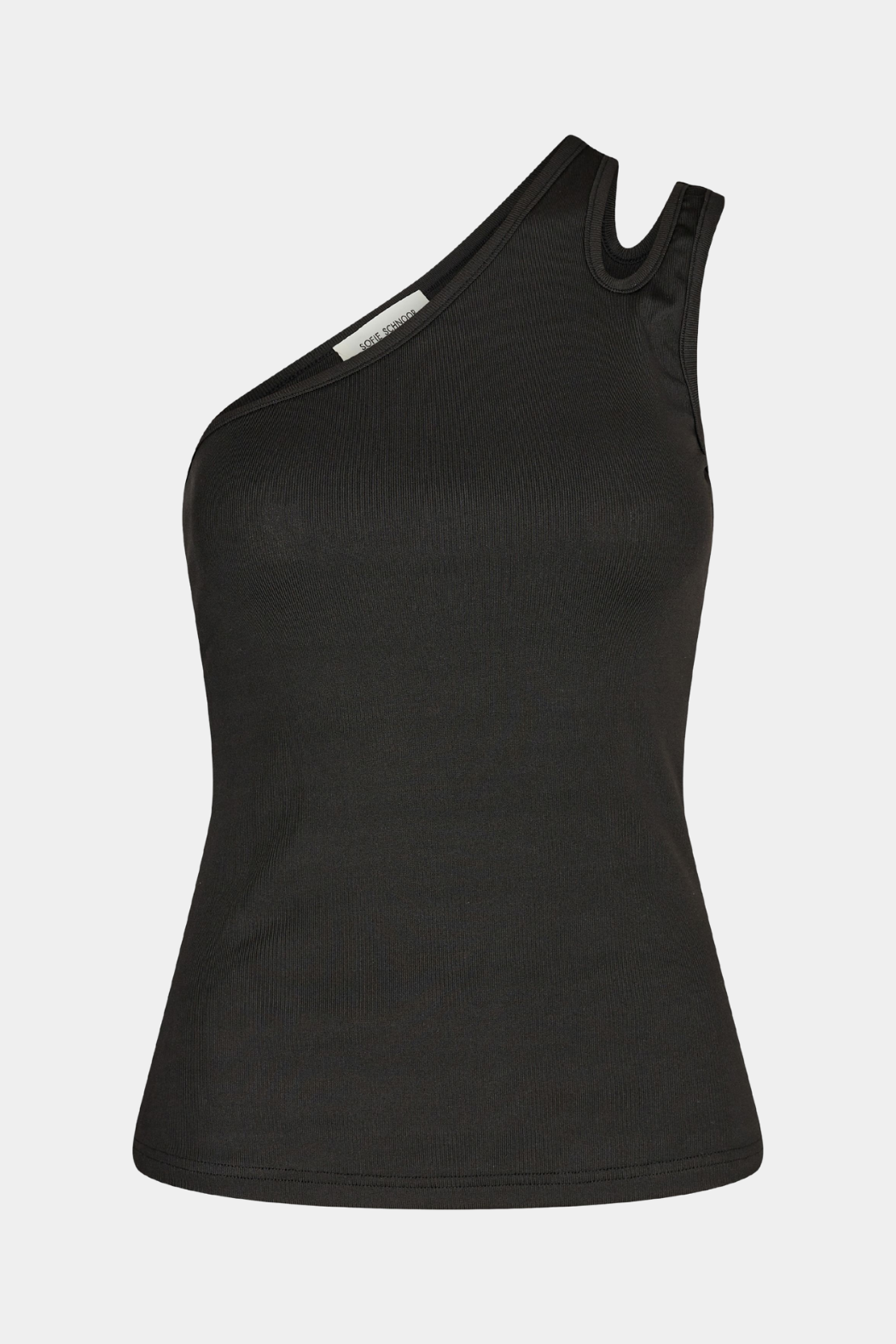 top, bluse, kortærmet, one shoulder, tætsiddende, stram, rib, blød, soft, stretchy, elastisk, sort, black, cool, rå, sommer, hverdag, fin, fest basic, basis, kvinde, dame, woman
