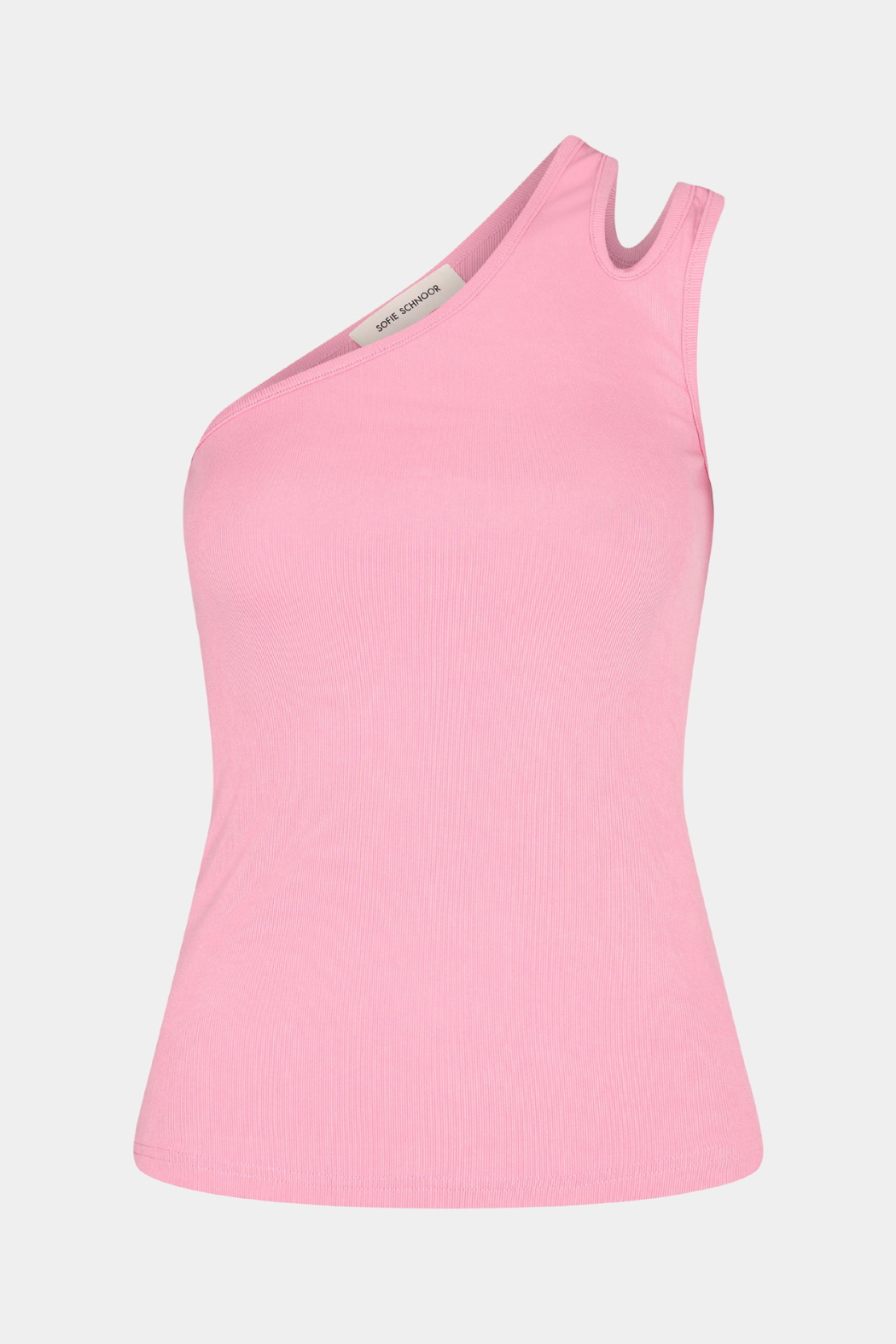 top, bluse, kortærmet, one shoulder, tætsiddende, stram, rib, blød, soft, stretchy, elastisk, pink, lyserød, bubblegum, cool, rå, sommer, hverdag, fin, fest basic, basis, kvinde, dame, woman