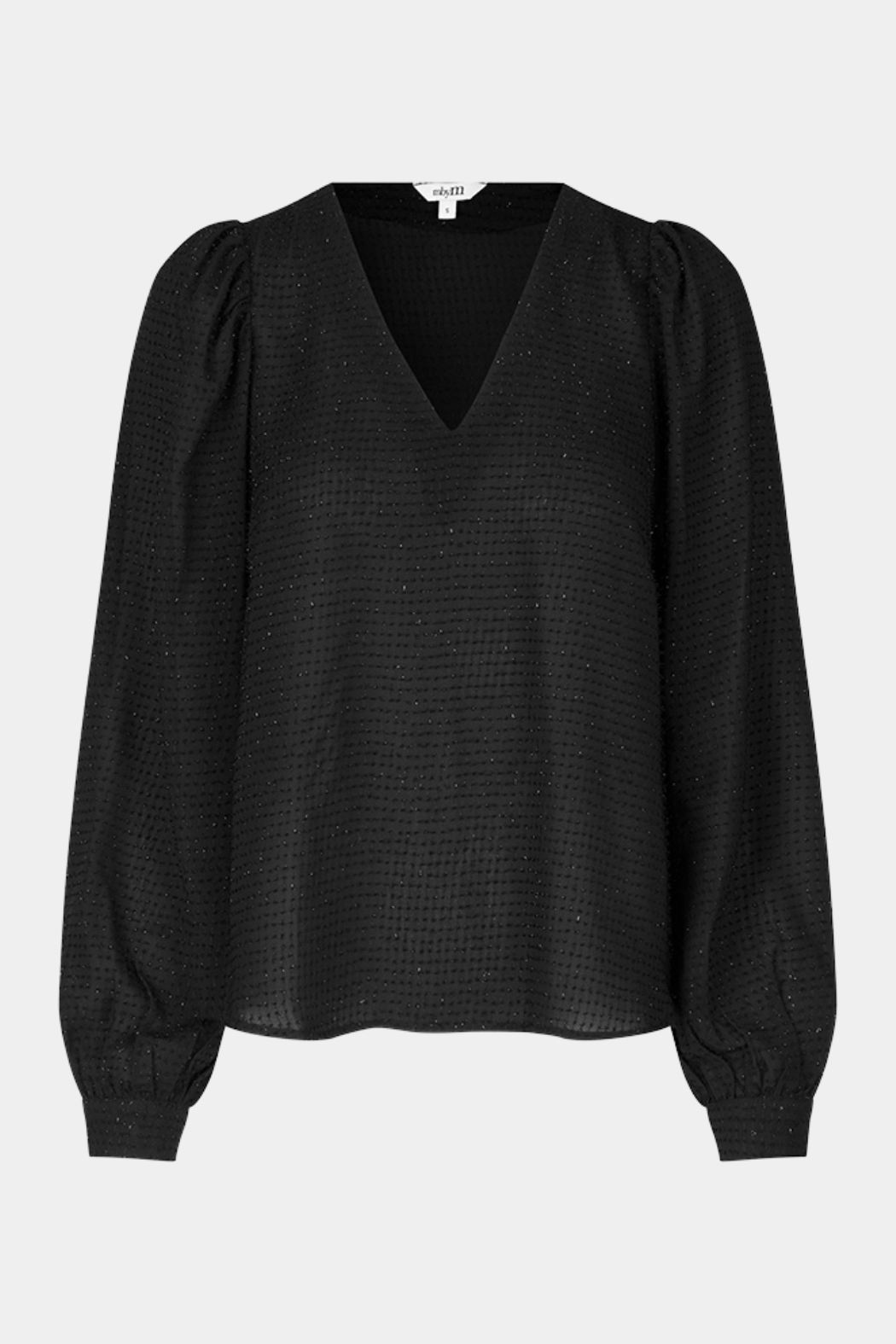 bluse, blouse, shirt, skjorte, skjortebluse, sort, black, glimmer, glitter, bomber, fur, pels, prikker, dots, v-hals, pufærmer, ballonærmer, puf, elegant, let, fin, feminin, loose, løstsiddende, løs, fest, festbluse, festtøj, hverdag, kvinde, dame, woman