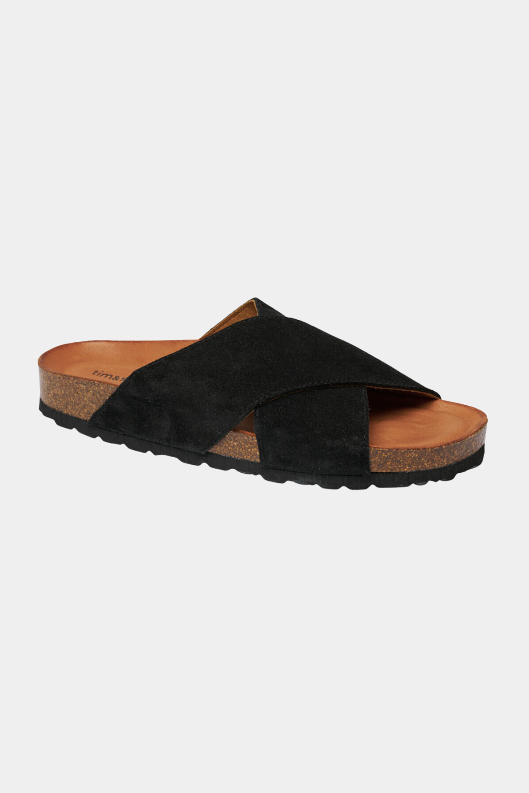 sandal, kryds, krydssandal, ruskind, suede, black, sort, blød, soft, kork, skum, memory skum, sommersandal, elegant, fin, feminin, blød, soft, komfortabel