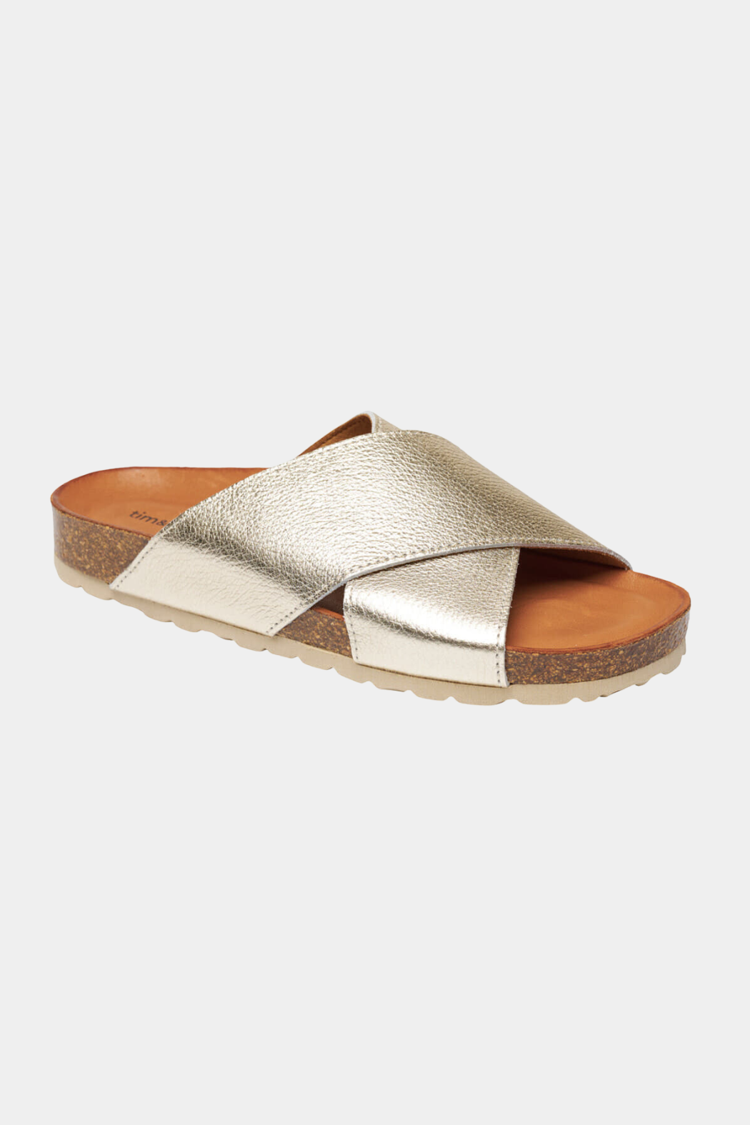 sandal, flad, flat, birkenstock, kork, cork, blød, soft, memory, memoryskum, læder, leather, skind, lammeskind, guld, gold, kryds, krydsrem, hverdag, fin, fest, sommer, sommersandal, hverdagssandal, kvinde, dame, woman