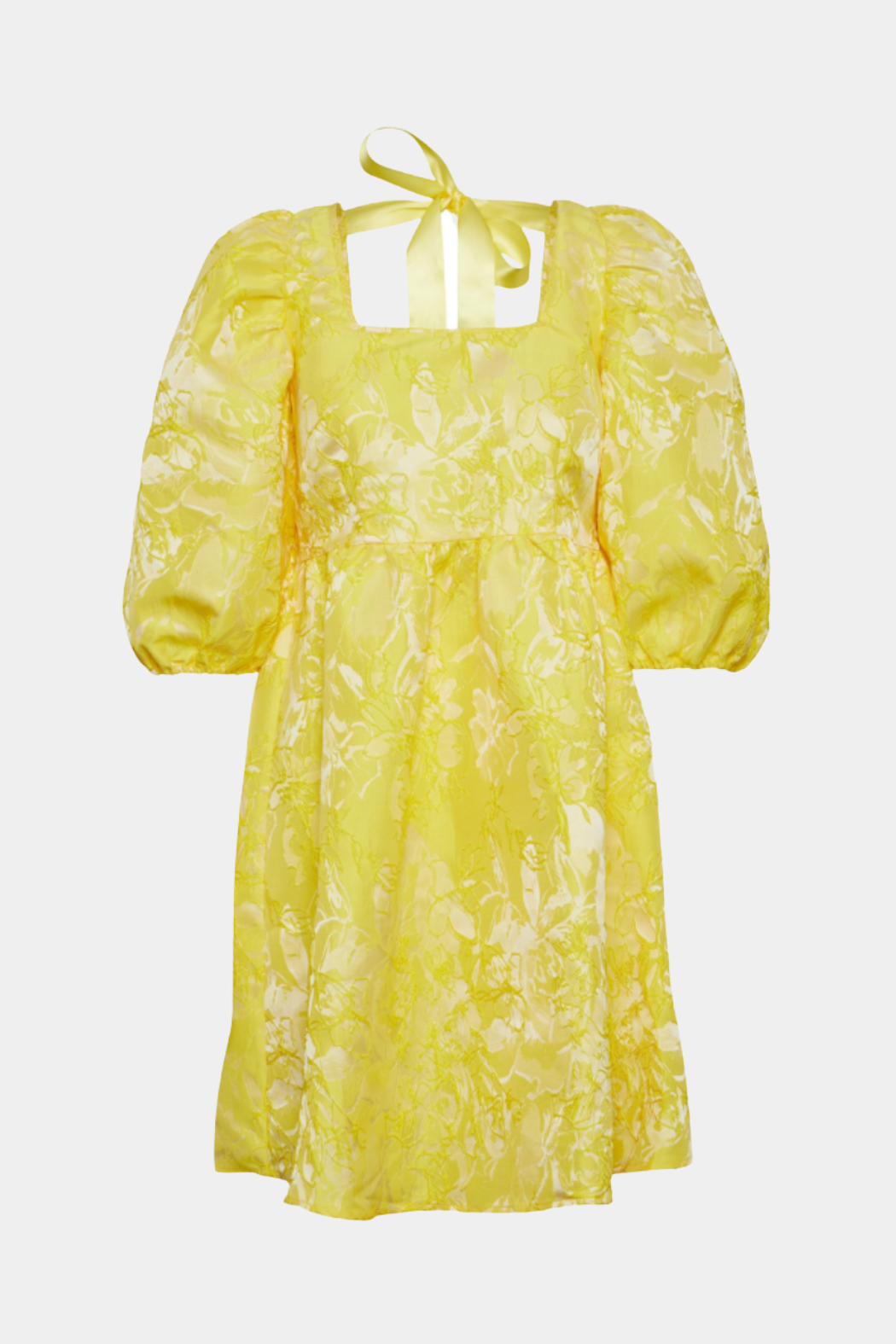 kjole, dress, voluminøs, puf, ballon, jacquard, struktur, blomster, gul, yellow, solgul, firkantet, elegant, fin, feminin, cool, rå, sommer, sommerkjole, gæst, bryllup, konfirmation