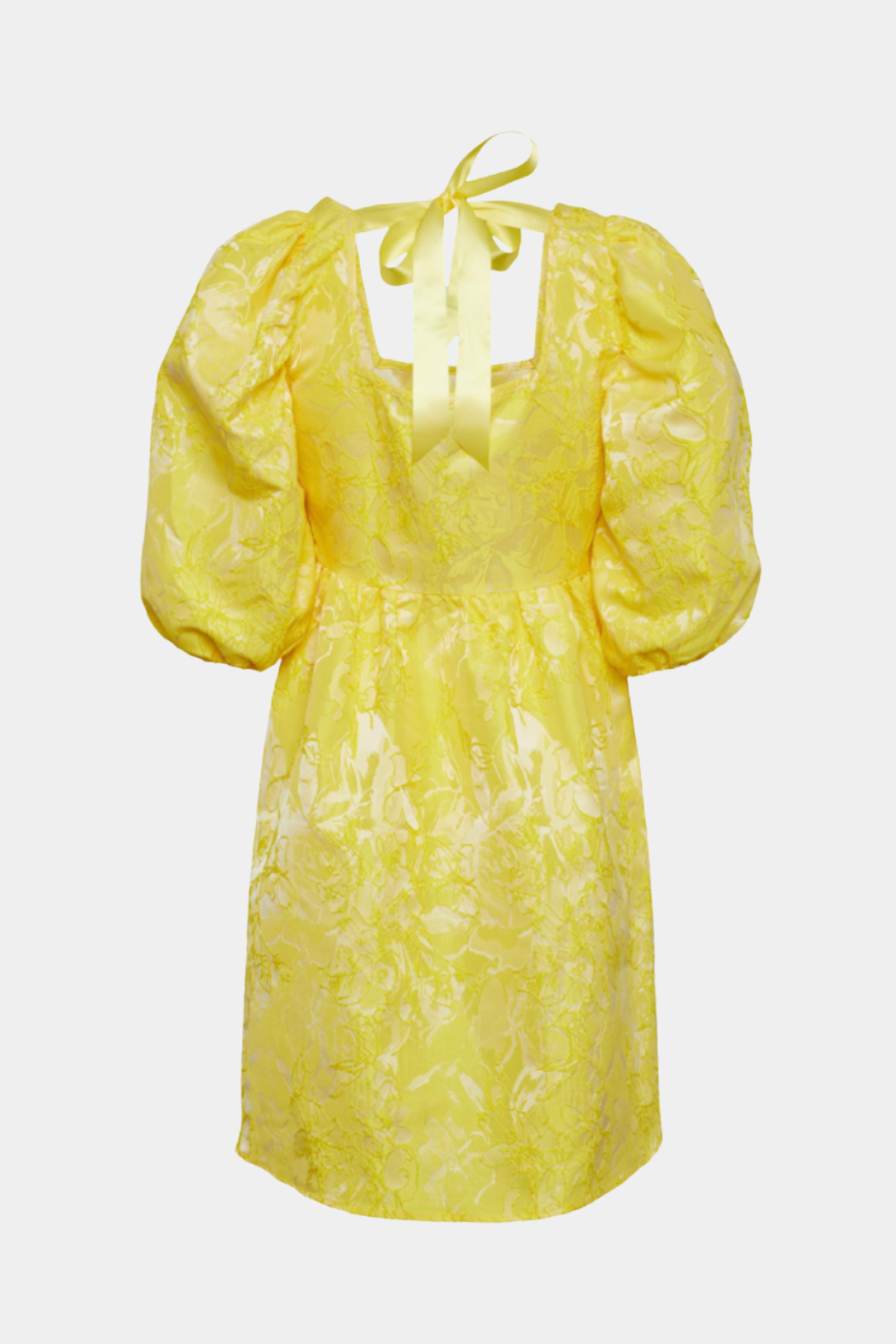 kjole, dress, voluminøs, puf, ballon, jacquard, struktur, blomster, gul, yellow, solgul, firkantet, elegant, fin, feminin, cool, rå, sommer, sommerkjole, gæst, bryllup, konfirmation