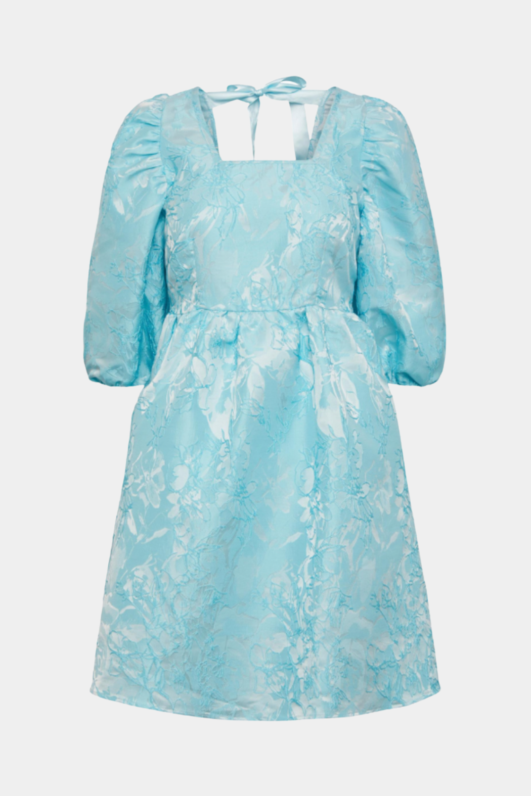 kjole, dress, voluminøs, puf, ballon, jacquard, struktur, blomster, blå, blue, turkis, isblå, firkantet, elegant, fin, feminin, cool, rå, sommer, sommerkjole, gæst, bryllup, konfirmation