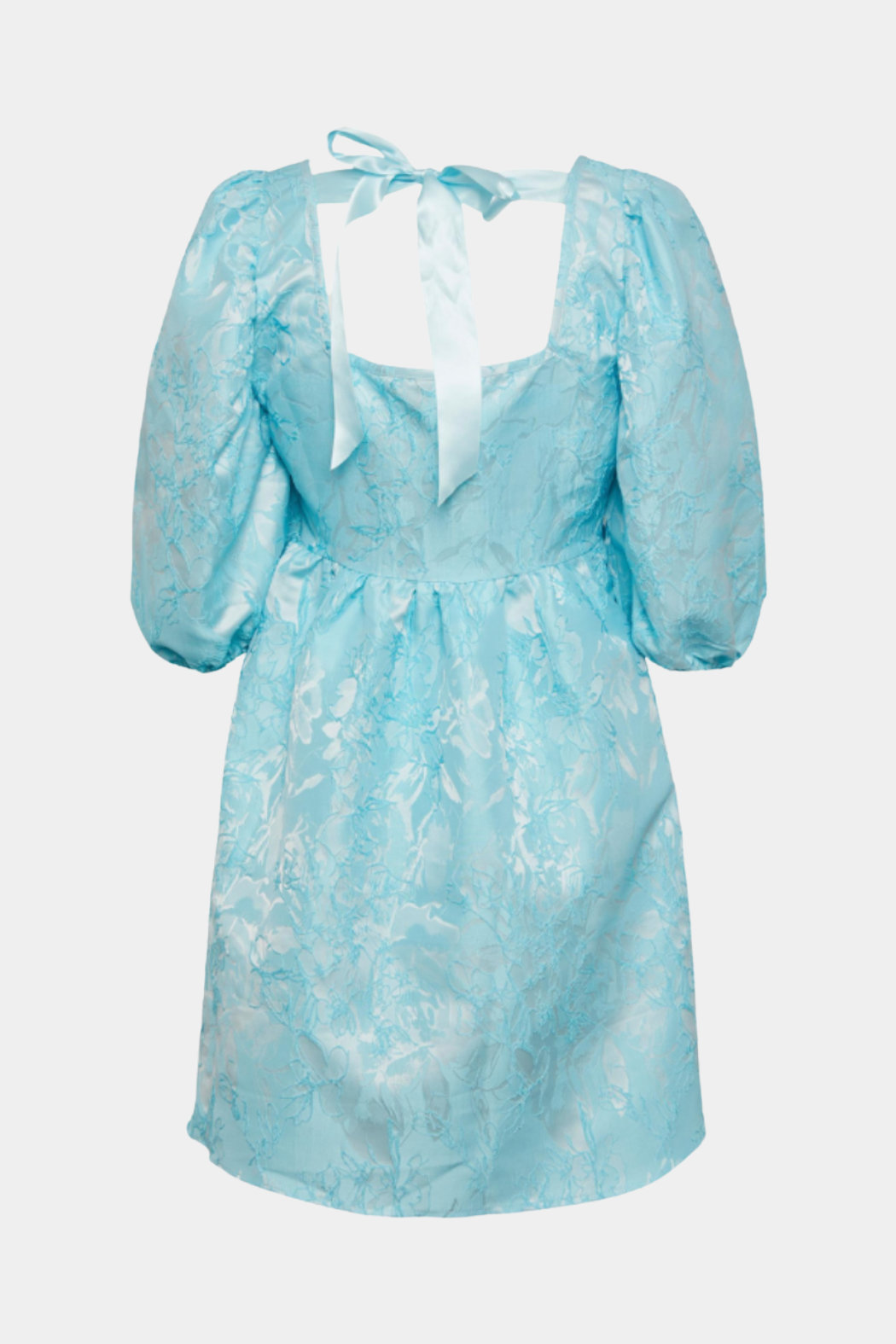 kjole, dress, voluminøs, puf, ballon, jacquard, struktur, blomster, blå, blue, turkis, isblå, firkantet, elegant, fin, feminin, cool, rå, sommer, sommerkjole, gæst, bryllup, konfirmation