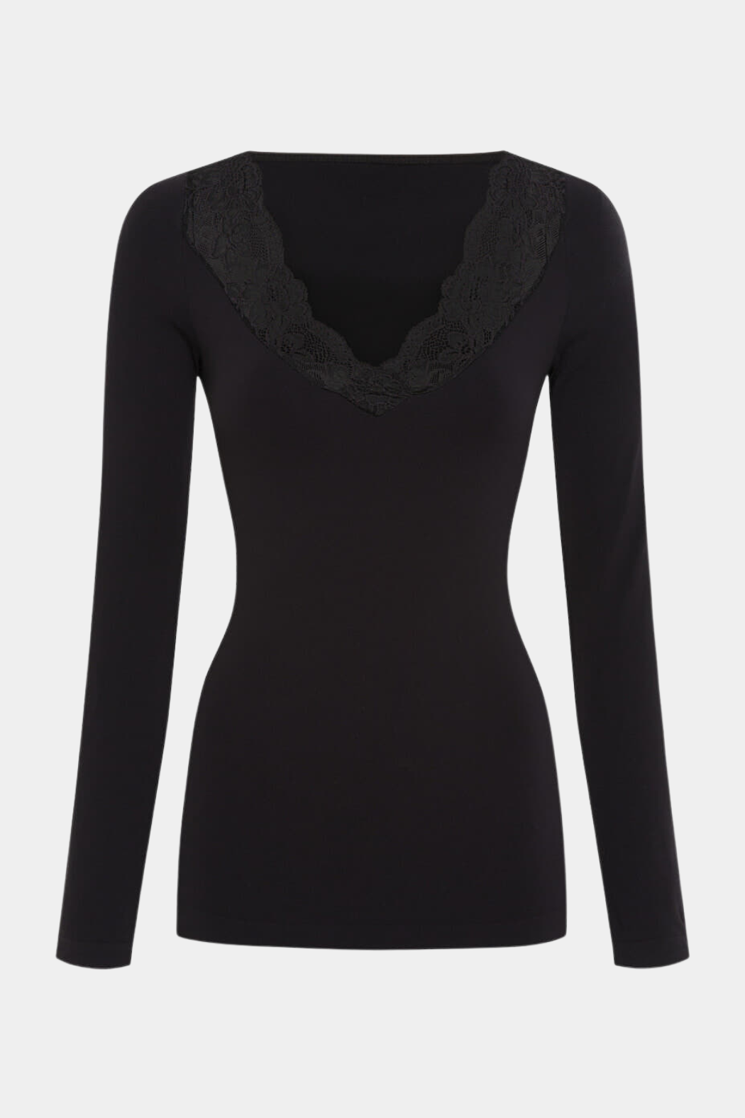 top, bluse, blouse, langærmet, rib, stretch, blonde, lace, v-hals, sort, black, kvinde, dame, woman, stretchy