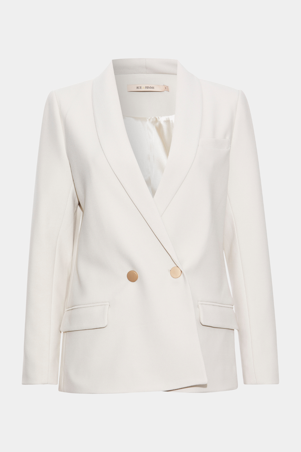 blazer, blazerjakke, habit, habirjakke, dobbeltradet, beige, greige, lys, råhvid, satin, silke, guld, gold, elegant, fin, feminin, figursyet, faconsyet, revers, elegant, stretchy, stretch, elastan, elastik, blød, soft, hverdag, fin, fest, business, arbejde, work, kvinde, dame, woman