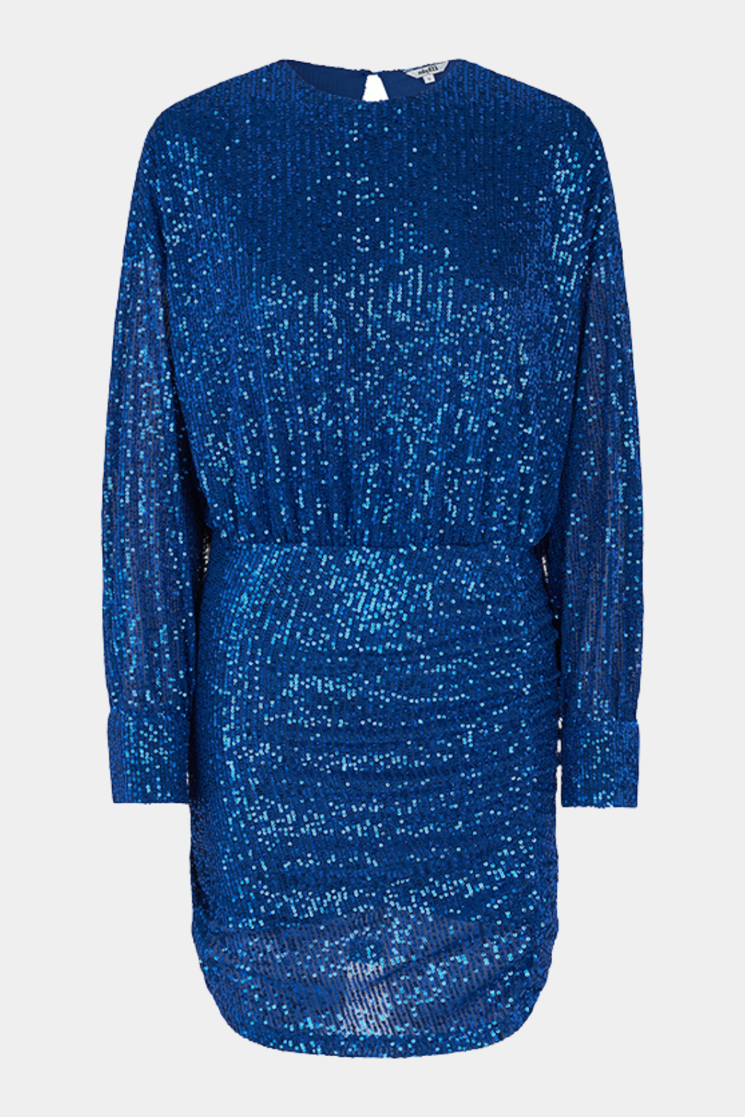 kjole, dress, midi, short, kort, stram, tætsiddende, tight, slim, paillet, paliet, palietkjole, pailletkjole, langærmet, blå, blue, kobolt, drapering, rynker, skæring, elegant, fin, feminin, hverdag, fest, festkjole, kvinde, dame, woman, jul, nytår