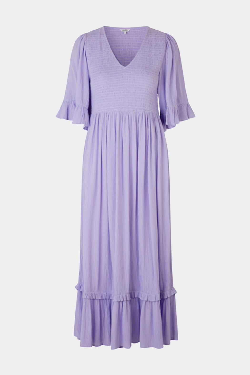 kjole, dress, maxi, maxikjole, maxidress, lang, lilla, purple, lavendel, lavender, lyselilla, smock, elastik, flæse, A-shape, løs, loose, elegant, fin, feminin, sommer, bryllup, fest