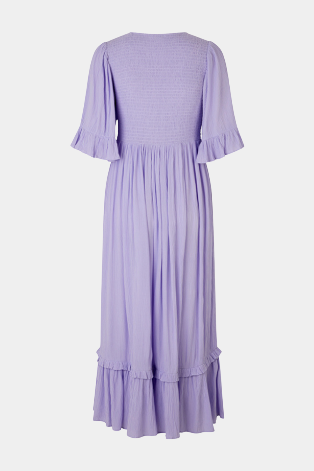 kjole, dress, maxi, maxikjole, maxidress, lang, lilla, purple, lavendel, lavender, lyselilla, smock, elastik, flæse, A-shape, løs, loose, elegant, fin, feminin, sommer, bryllup, fest