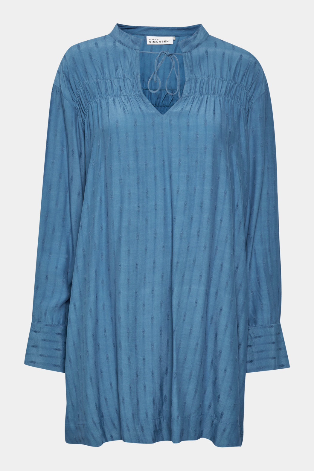 kjole, dress, kort, short, jacquard, print, mønster, denim, blue, blå, bindebånd, a-sape, elegant, fin, feminin, løs, loose, hverdag, fest, kvinde, dame, woman