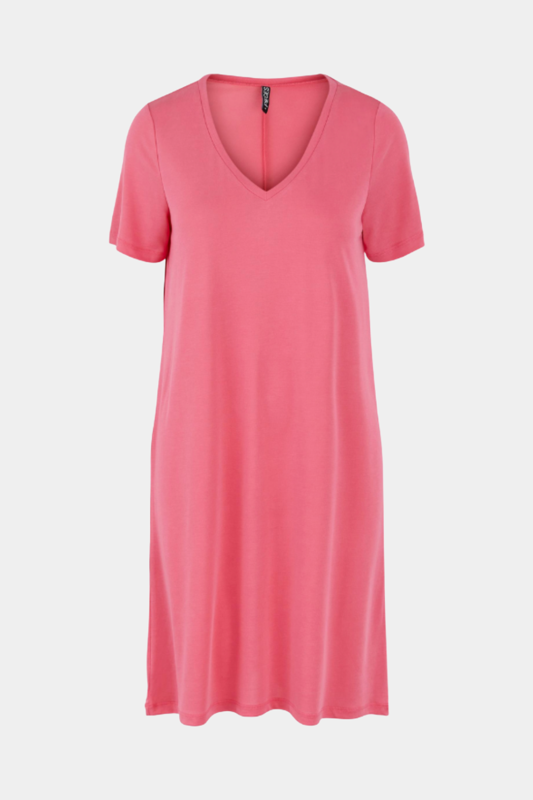 kjole, dress, t-shirt, kortærmet, v-hals, pink, lyserød, blød, soft, let, tung, modal, hverdag, fin, fest, sommerkjole, strandkjole, cool