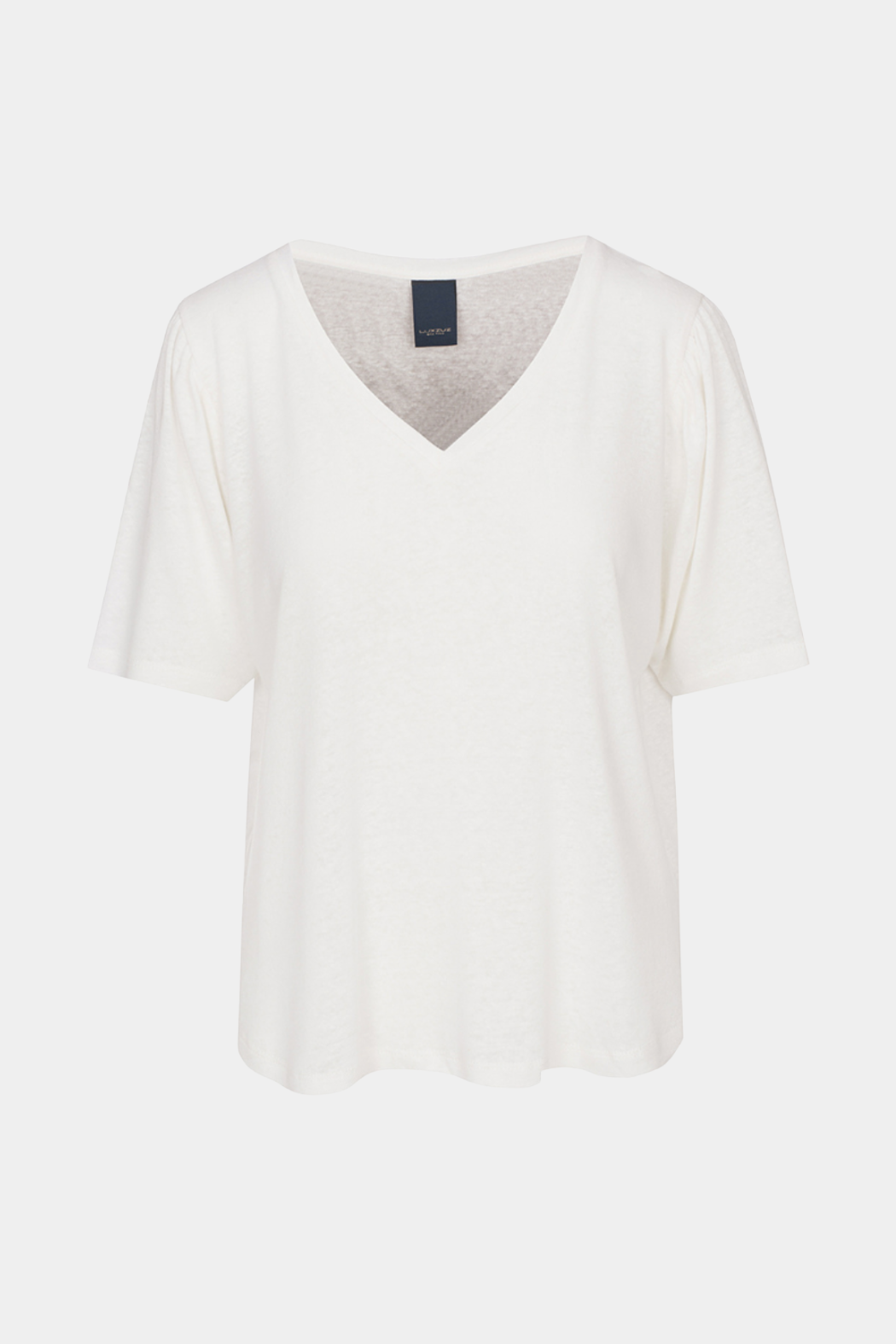 t-shirt, tee, bluse, top, kortærmet, hvid, råvhvid, creme, v-hals, løs, loose, hør, linen, viskose, blanding, let, elegant, basic, basis, hverdag, fin