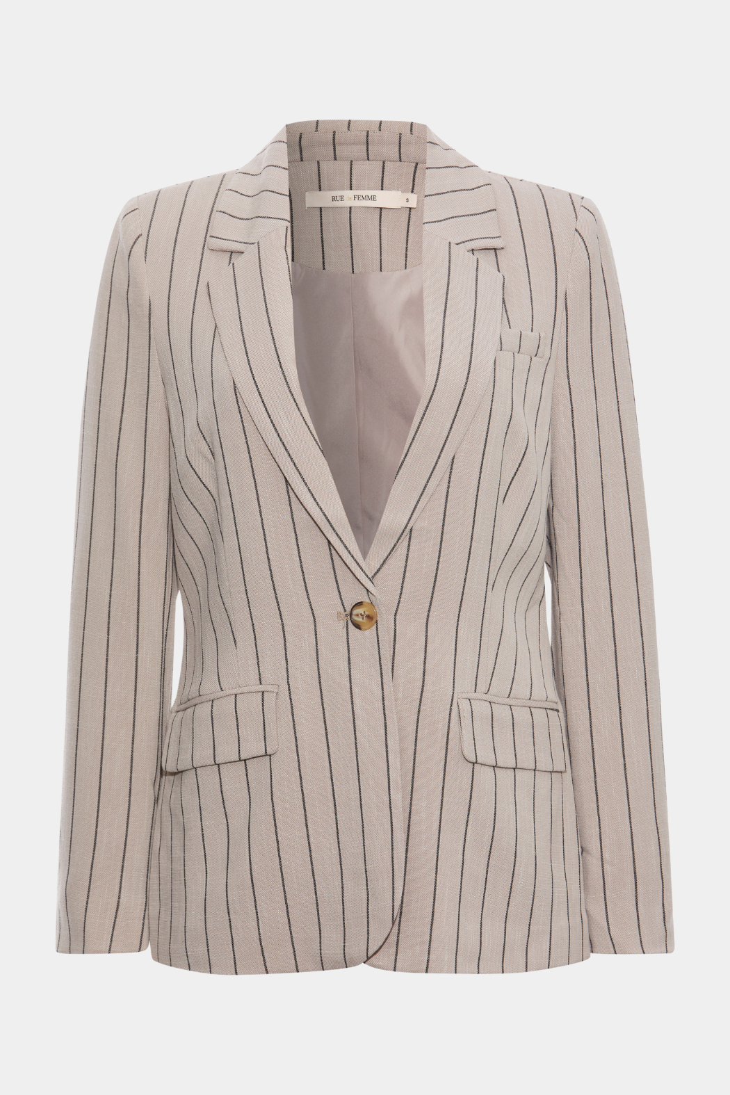 blazer, blazerjakke, habit, habitjakke, beige, greige, gråbeige, mørk beige, stribet, nålestrib, sort, revers, enkeltrader, lommer, faconsyet, figursyet, elegant, fin, feminin, hverdag, fest, basic, basis, hør, linen, grov, kvinde, damwe, woman