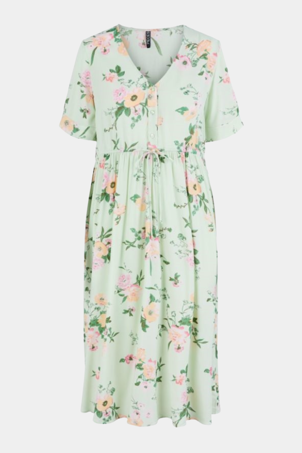 kjole, dress, midi, kort, blomster, print, mint, grøn, bindebånd, fin, smuk, elegant, klassisk, feminin, hverdag, fest, sommer, sol, strand