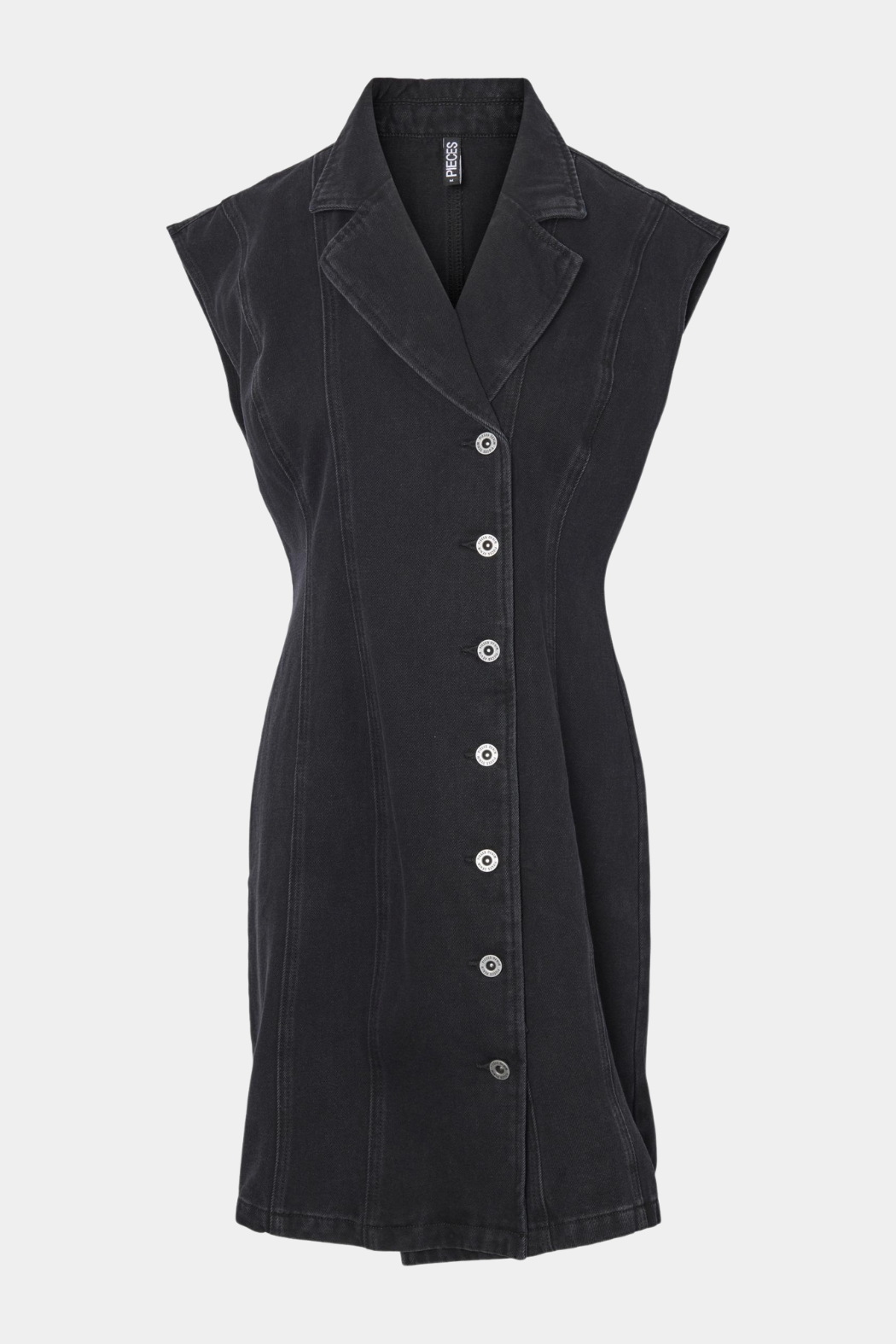 kjole, dress, vest, vestkjole, kjolevest, krave, v-hals, ærmeløs, figursyet, talje, dobbeltradet, cool, rå, knælang, elegant, fin, feminin, hverdag, fest, denim, cowboy, grå, grey, kvinde, dame, woman