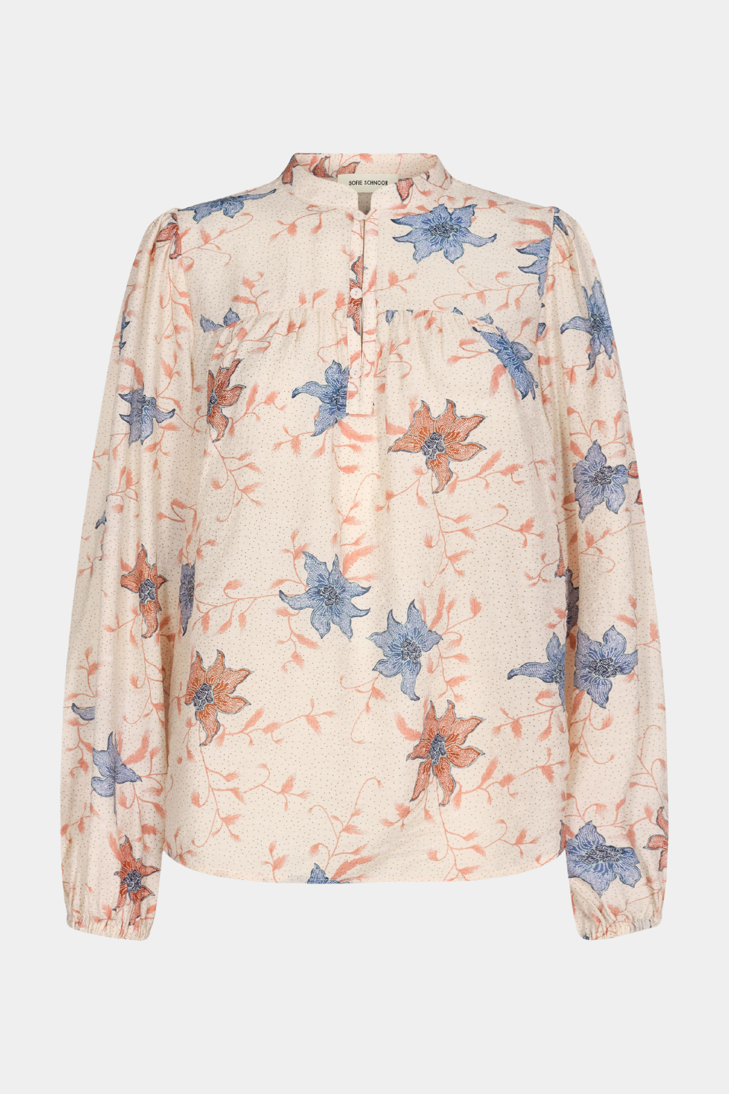skjorte, bluse, shirt, blouse, print, løs, loose, let, sommer, langærmet, print, lys, beige, kvinde, dame, woman, fin, fest, elegant