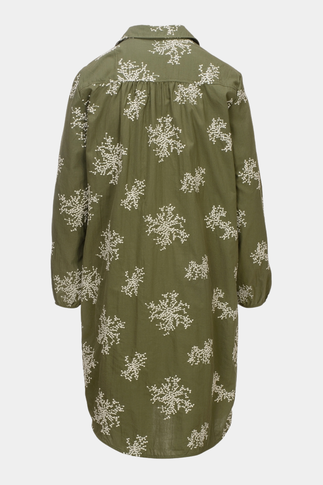kjole, dress, skjortekjole, shirtdress, krave, broderi, blomster, bomuld, lang, rummelig, grøn, oliven, army, let, luftig, fin, smuk, elegant, klassisk, feminin, rå, cool, sej, unik, pæn, hverdag, fest