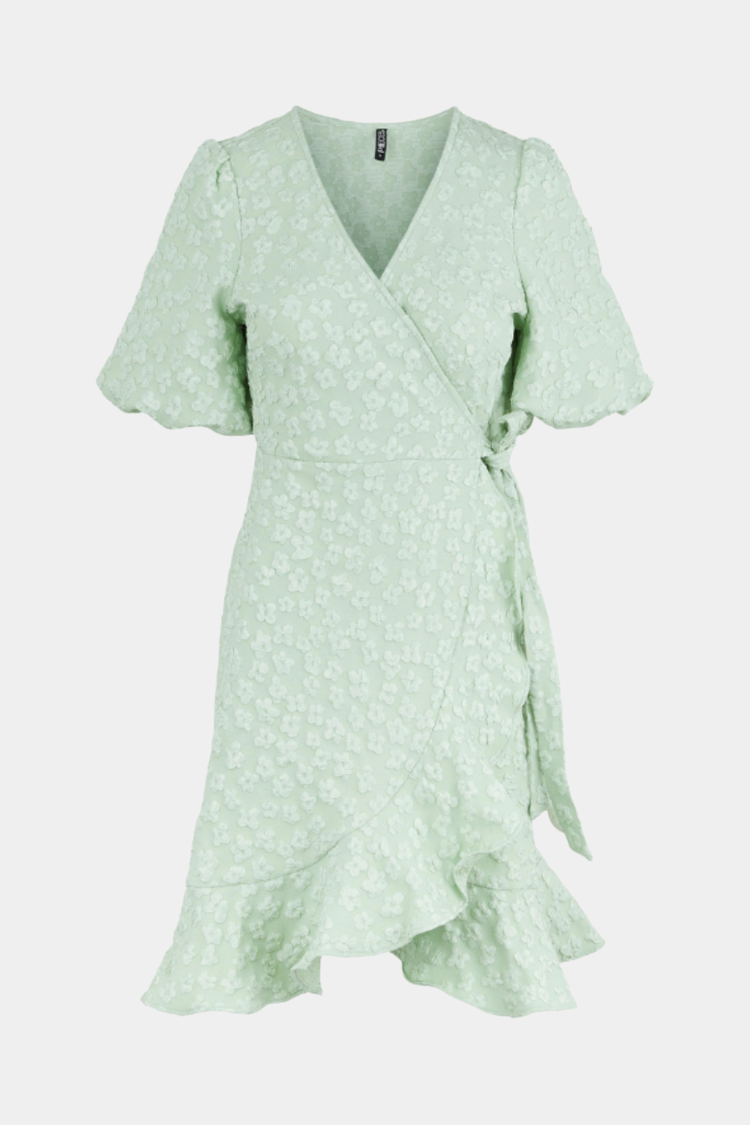kjole, dress, slåom, wrap, kort, midi, grøn, støvet, blomster, print, flæser, tætsiddende, fin, smuk, elegant, klassisk, feminin, rå, cool, sej, skøn, hverdag, fest, sommer,
