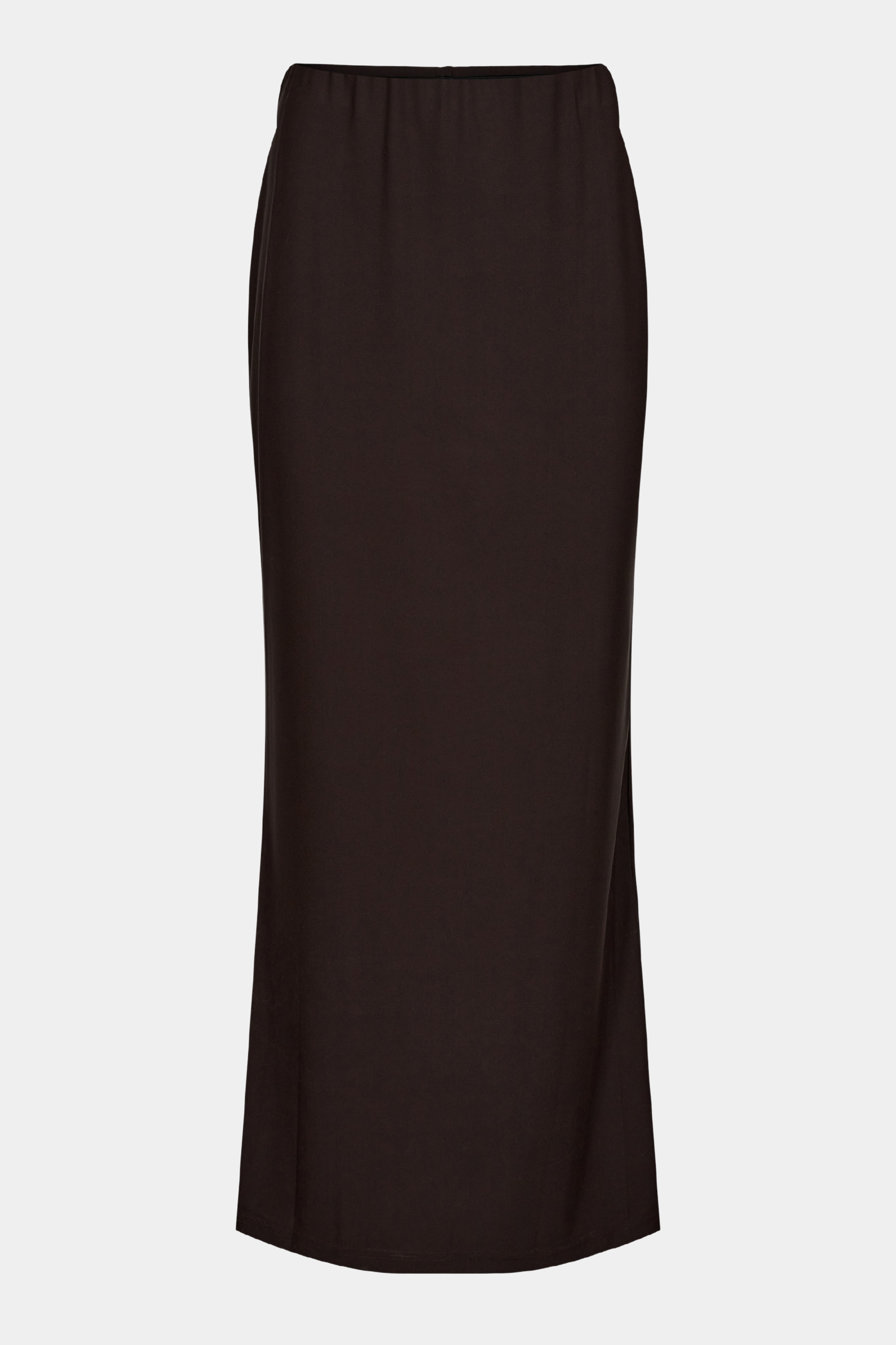 skirt, nederdel, maxi, midi, stretch, stræk, elastik, brun, brown, chokolade, chocolate, dark brown, slids, slit, hverdag, fin, fest, elegant, feminin, kvinde, dame, woman