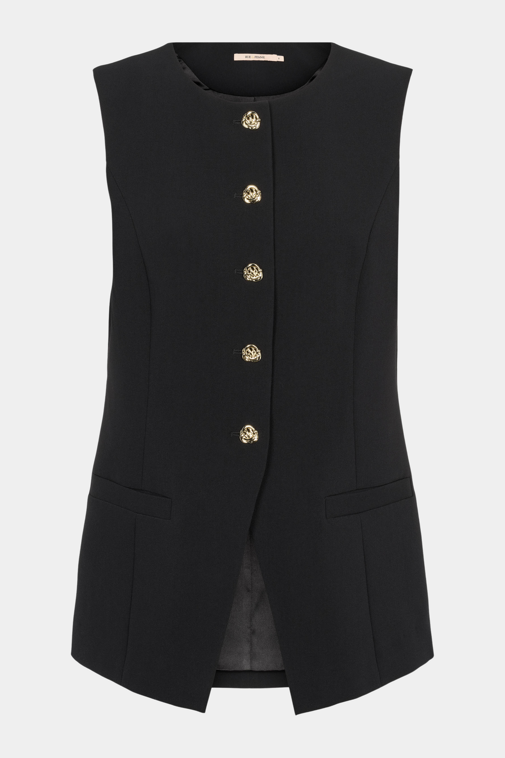 Fin, smuk, elegant, klassisk, staple, feminin, pæn, rå, cool, sej, unik, musthave, hverdag, fest, kvinde, dame, woman, vest, blouse, bluse, guld, gold, sort, black, ærmeløs, staple, klassisk, classic