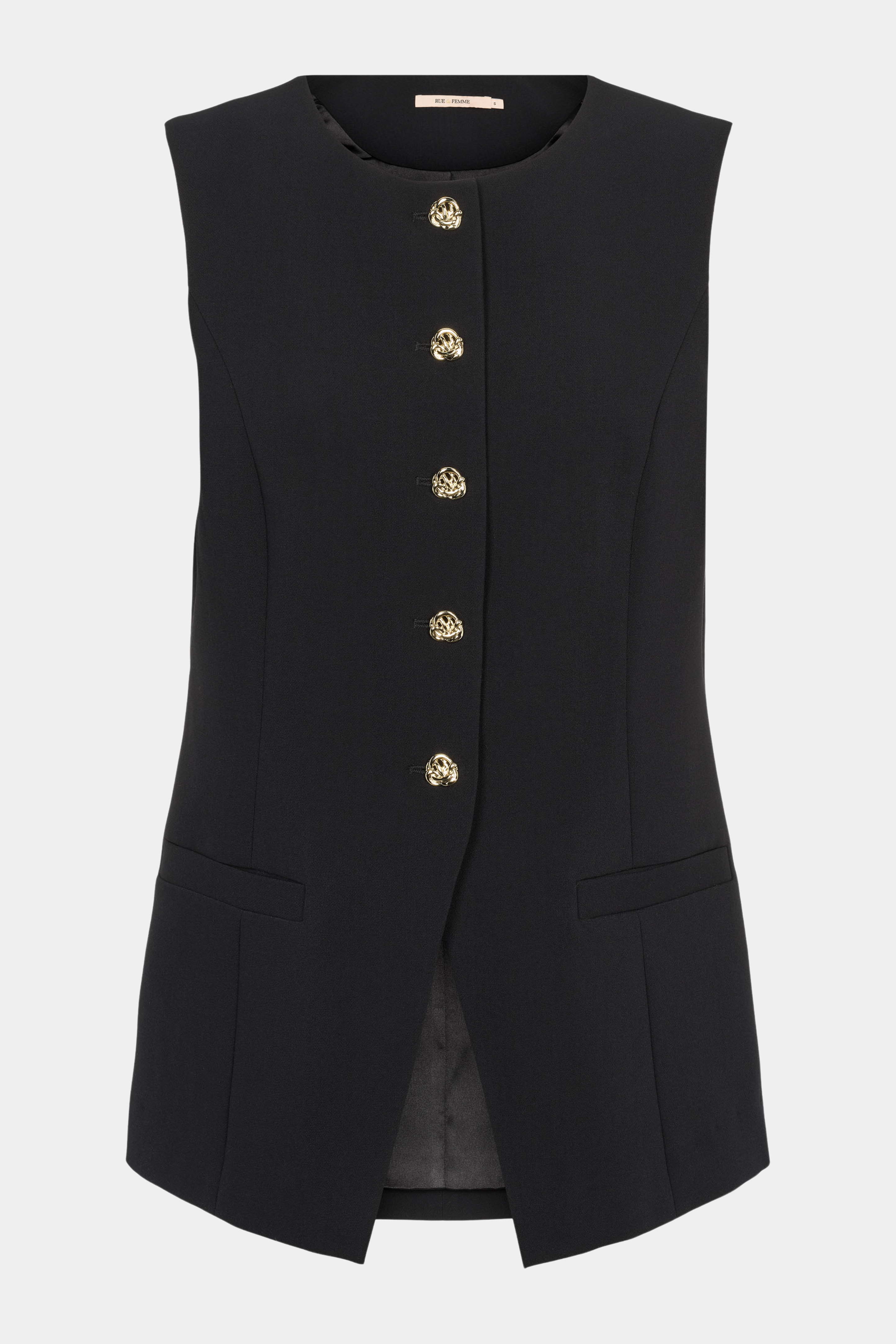 Fin, smuk, elegant, klassisk, staple, feminin, pæn, rå, cool, sej, unik, musthave, hverdag, fest, kvinde, dame, woman, vest, blouse, bluse, guld, gold, sort, black, ærmeløs, staple, klassisk, classic