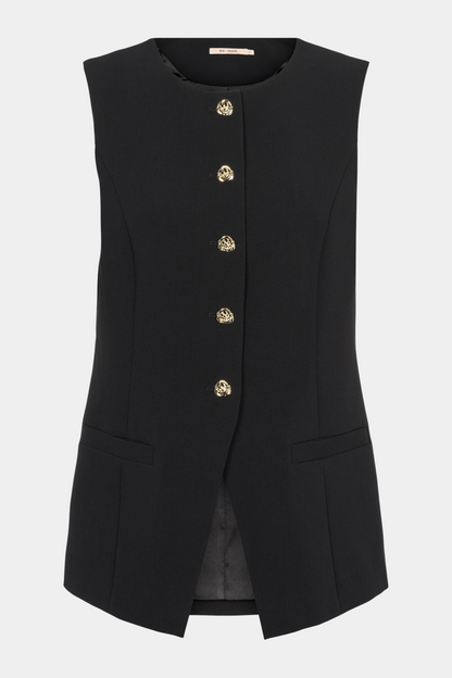 Fin, smuk, elegant, klassisk, staple, feminin, pæn, rå, cool, sej, unik, musthave, hverdag, fest, kvinde, dame, woman, vest, blouse, bluse, guld, gold, sort, black, ærmeløs, staple, klassisk, classic