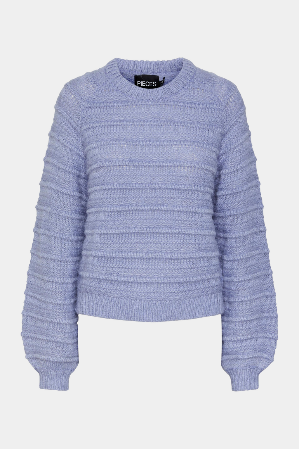 bluse, strik, knit, strikbluse, striktrøje, pullover, blå, blue, lilla, purple, langærmet, mønster, strikmønster, simpel, klassisk, elegant, fin, feminin, blød, soft, varm, warm, vinter, efterår, mohair, silk, alpaca, kvinde, dame, woman