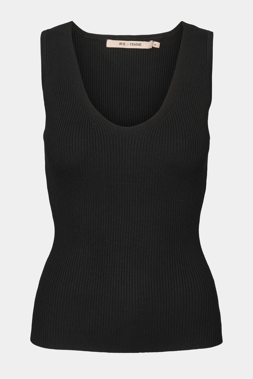 top, strik, knit, striktop, blød, soft, viskose, let, mønster, sort, black, dyb udskæring, tætsiddende, stram, sommer, sommertop, staple, classic, simpel, basic, basis, elegant, fin, feminin, hverdag, fest