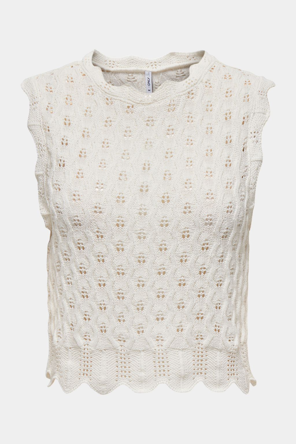 Fin, smuk, elegant, klassisk, staple, feminin, pæn, rå, cool, sej, unik, musthave, hverdag, fest, kvinde, dame, woman, top, bluse, blouse, ærmeløs, strik, knit, hulmønster, råhvid, off white, creme, kort, sommertop, blonde, lace, striktop, hæklet