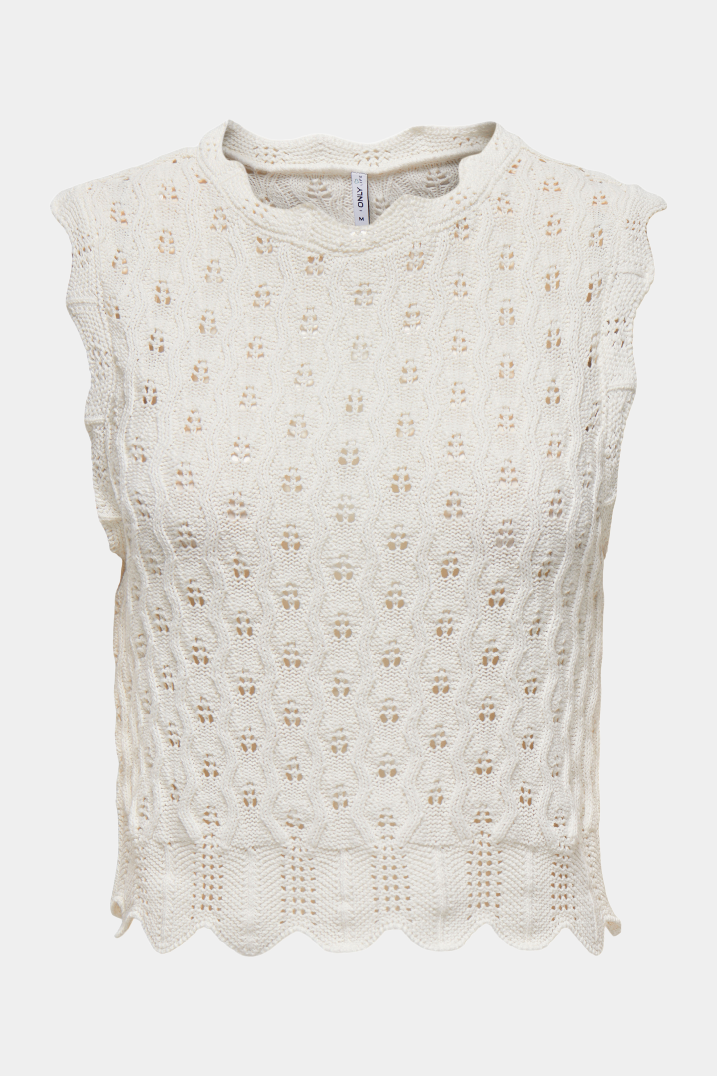 Fin, smuk, elegant, klassisk, staple, feminin, pæn, rå, cool, sej, unik, musthave, hverdag, fest, kvinde, dame, woman, top, bluse, blouse, ærmeløs, strik, knit, hulmønster, råhvid, off white, creme, kort, sommertop, blonde, lace, striktop, hæklet