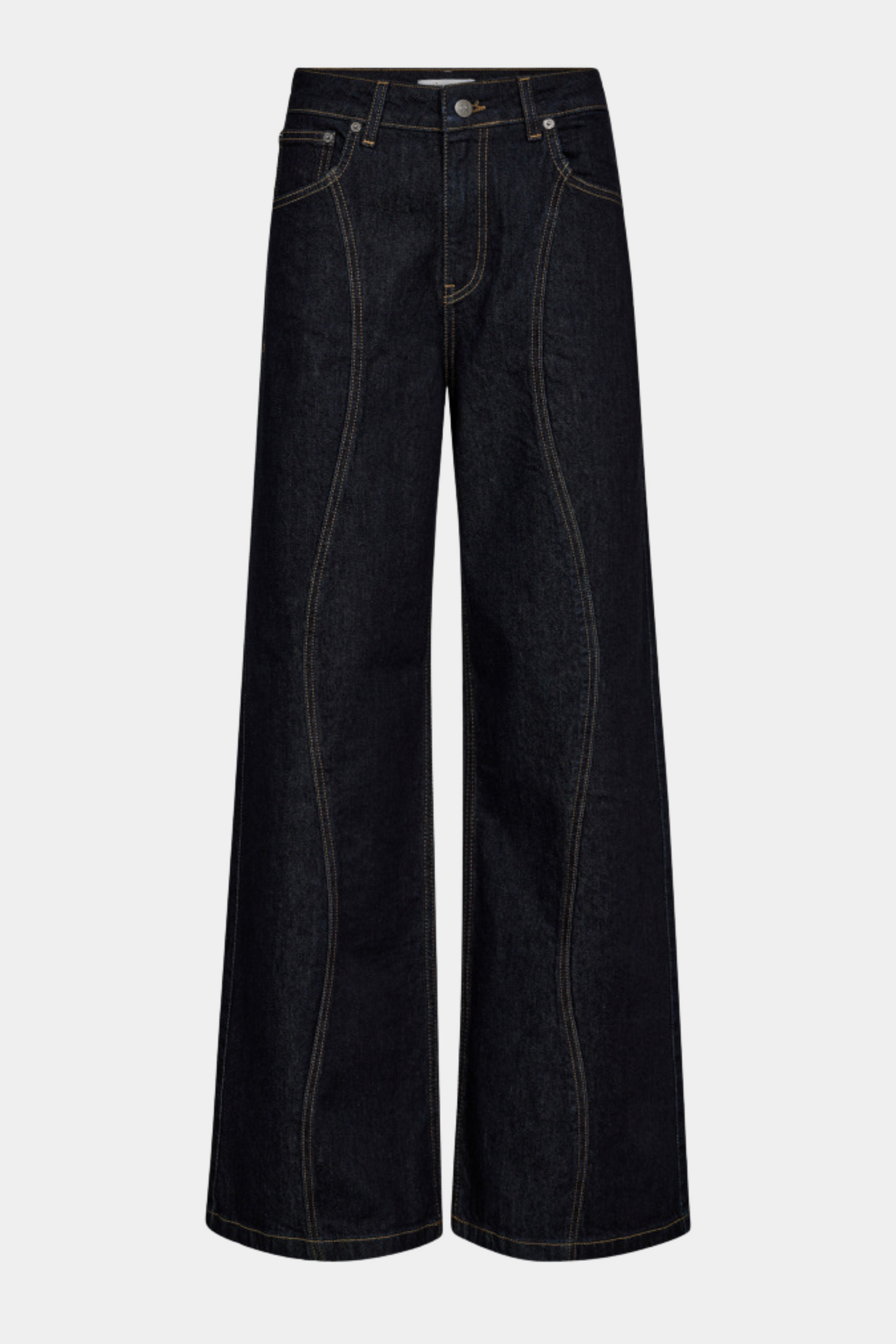 Fin, smuk, elegant, klassisk, staple, feminin, pæn, rå, cool, sej, unik, musthave, hverdag, fest, kvinde, dame, woman, jeans, cowboy, denim, bukser, pants, vidde, vid, wide, brede, læg, syning, højtaljet, high waist, mørkeblå, dark blue, blue, blå, sporty, stretchy, stretch