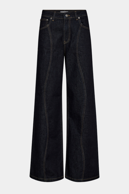 Fin, smuk, elegant, klassisk, staple, feminin, pæn, rå, cool, sej, unik, musthave, hverdag, fest, kvinde, dame, woman, jeans, cowboy, denim, bukser, pants, vidde, vid, wide, brede, læg, syning, højtaljet, high waist, mørkeblå, dark blue, blue, blå, sporty, stretchy, stretch