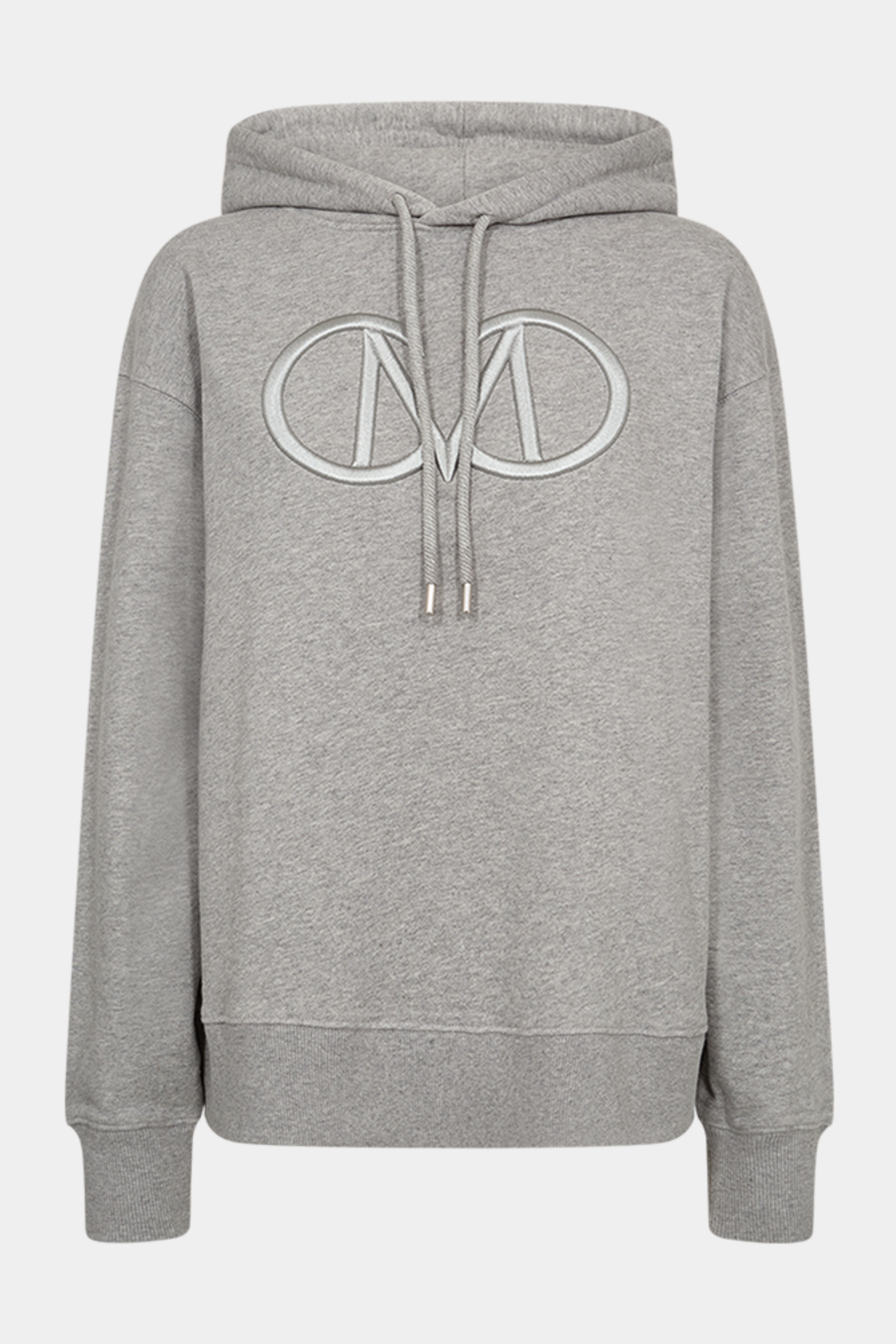 Fin, smuk, elegant, klassisk, staple, feminin, pæn, rå, cool, sej, unik, musthave, hverdag, fest, kvinde, dame, woman, sweat, sweatshirt, logo, broderet, langærmet, løs, loose, oversized, oversize, hætte, hoodie, snøre, grå, gråmeleret, melange