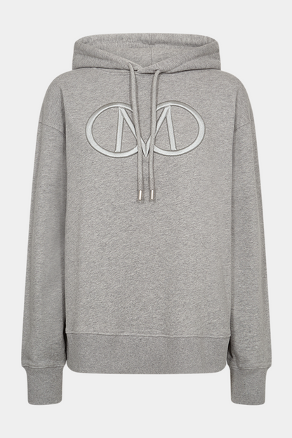 Fin, smuk, elegant, klassisk, staple, feminin, pæn, rå, cool, sej, unik, musthave, hverdag, fest, kvinde, dame, woman, sweat, sweatshirt, logo, broderet, langærmet, løs, loose, oversized, oversize, hætte, hoodie, snøre, grå, gråmeleret, melange