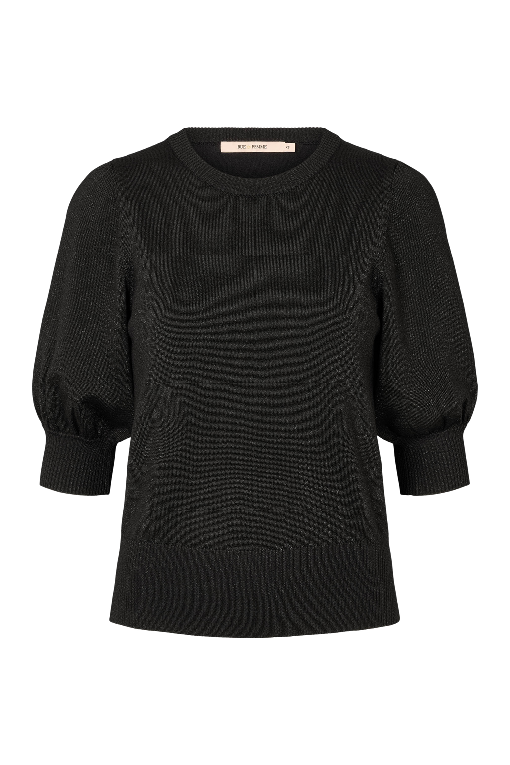 Fin, smuk, elegant, klassisk, staple, feminin, pæn, rå, cool, sej, unik, musthave, hverdag, fest, kvinde, dame, woman, strik, knit, striktrøje, pullover, kortærmet, puf, pufærmer, rund hals, glimmer, glitter, tone i tone, sort, black, fest, party, enkel, klassisk, classic, diskret