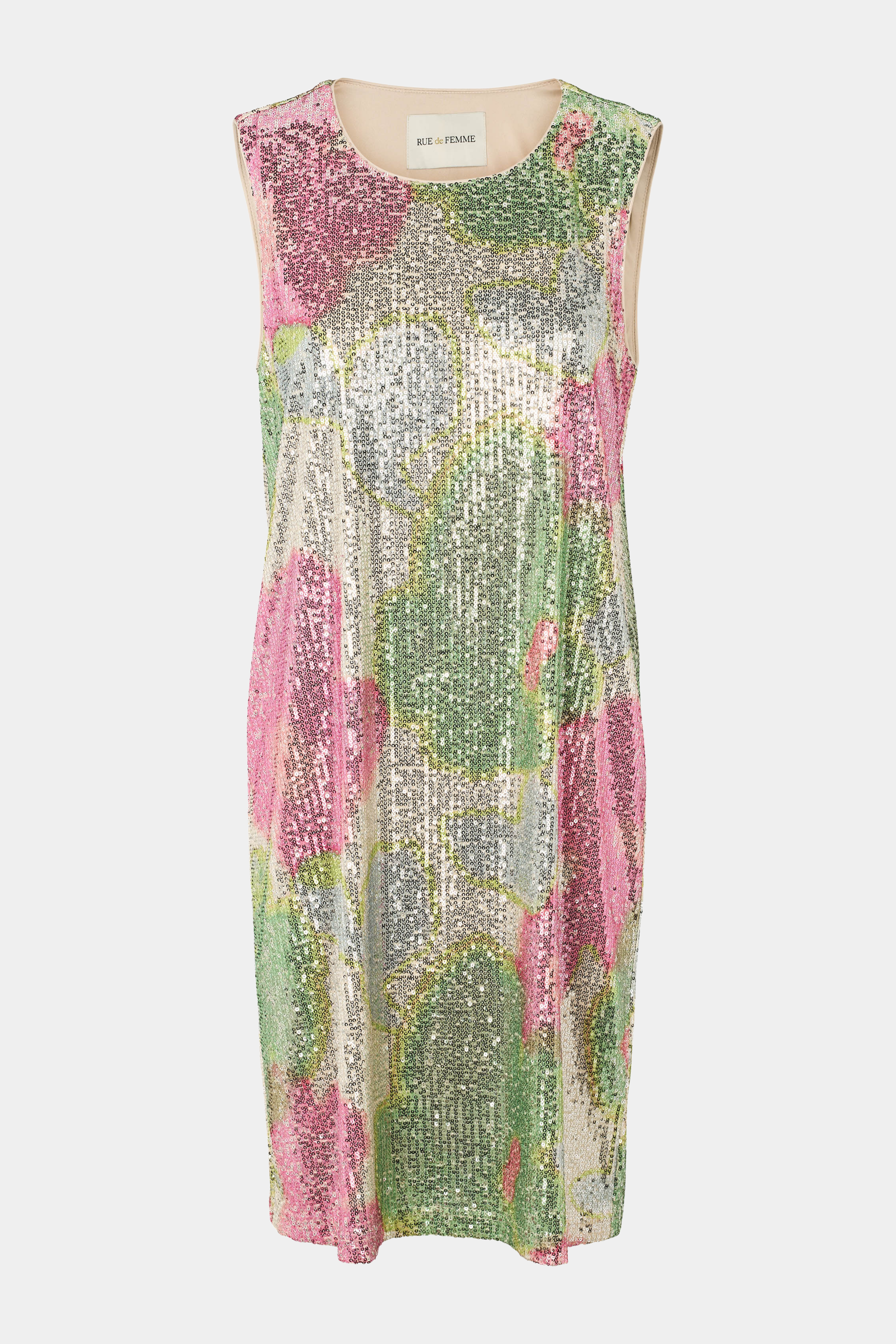 Fin, smuk, elegant, klassisk, staple, feminin, pæn, rå, cool, sej, unik, musthave, hverdag, fest, kvinde, dame, woman, kjole, dress, midi, mellemlang, knælang, paillet, pailletter, palietter, sommer, blomster, mønster, sommerkjole, print, kortærmet, ærmeløs, sleeveless, rund hals, løs, loose, sommerskjole, summerdress, summer, sommer