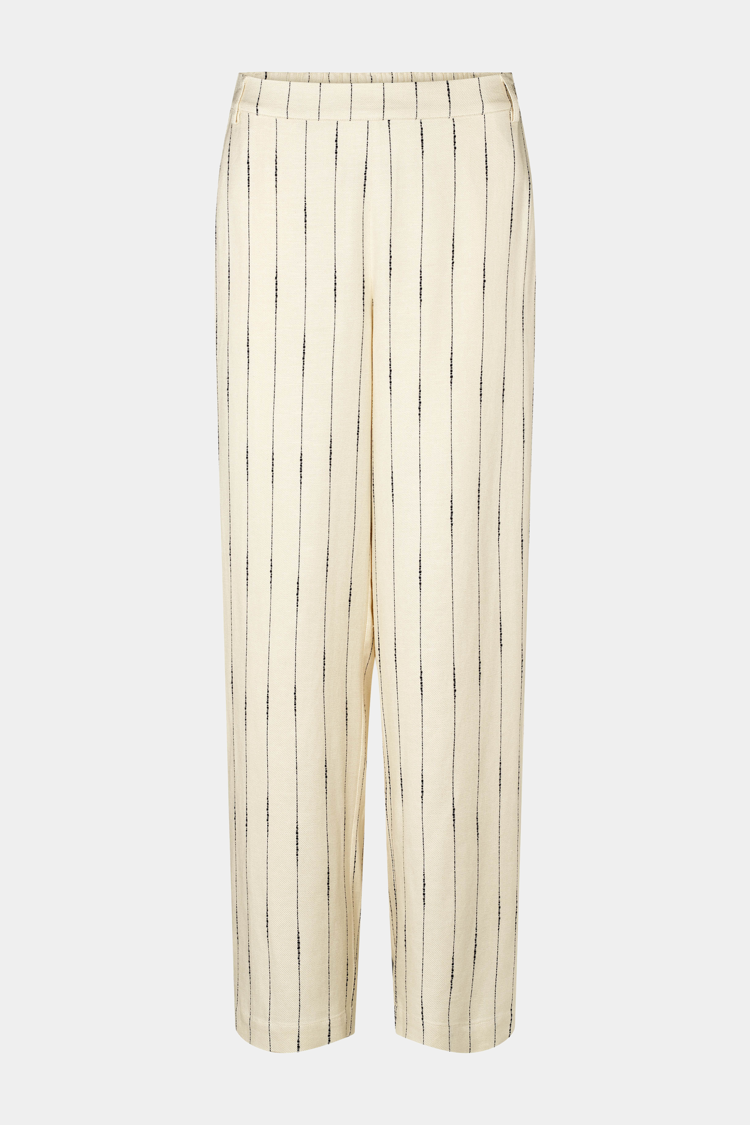 buks, pant, bukser, vidde, bred, brede, hør, linen, hørmix, creme, beige, råhvid, off white, striber, strib, nålestrib, stripe, loose, løs, elegant, fin, feminin, hverdag, fest, sommer, sommerbuks, let, luftig, kvinde, dame, woman, suiting, habit, suits