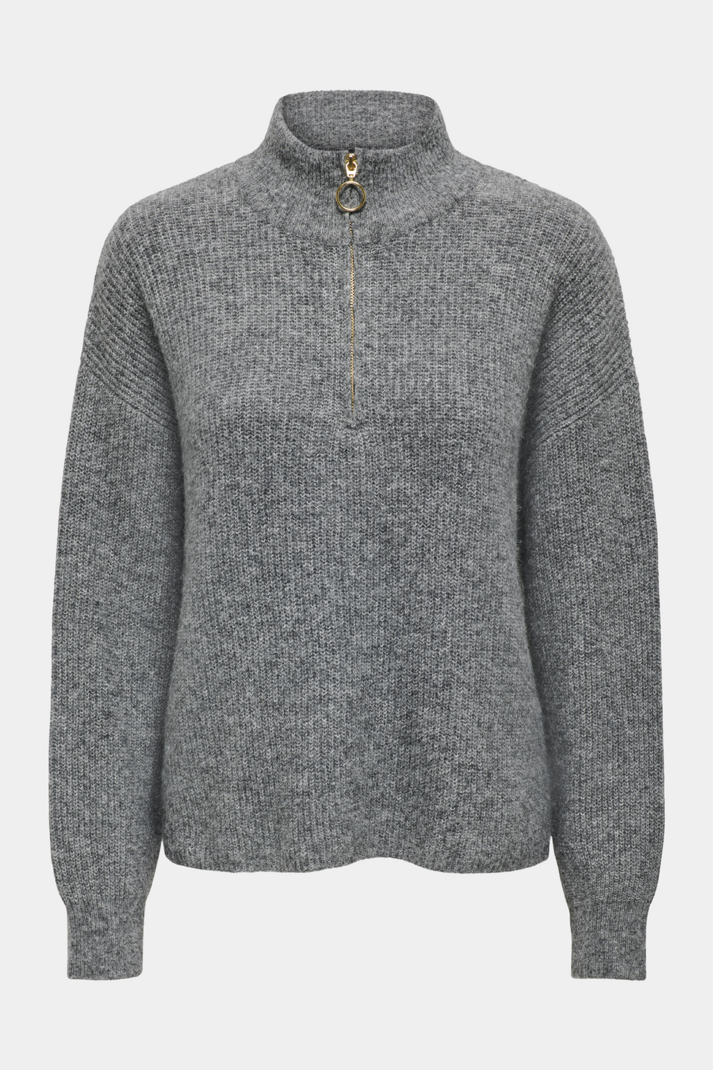 Fin, smuk, elegant, klassisk, staple, feminin, pæn, rå, cool, sej, unik, musthave, hverdag, fest, kvinde, dame, woman, knit, strik, pullover, lynlås, zip, zipper, langærmet, blød, soft, høj hals, turtleneck, løs, loose, warm, varm, uld, wool, grå, grey, melange, meleret, gråmeleret