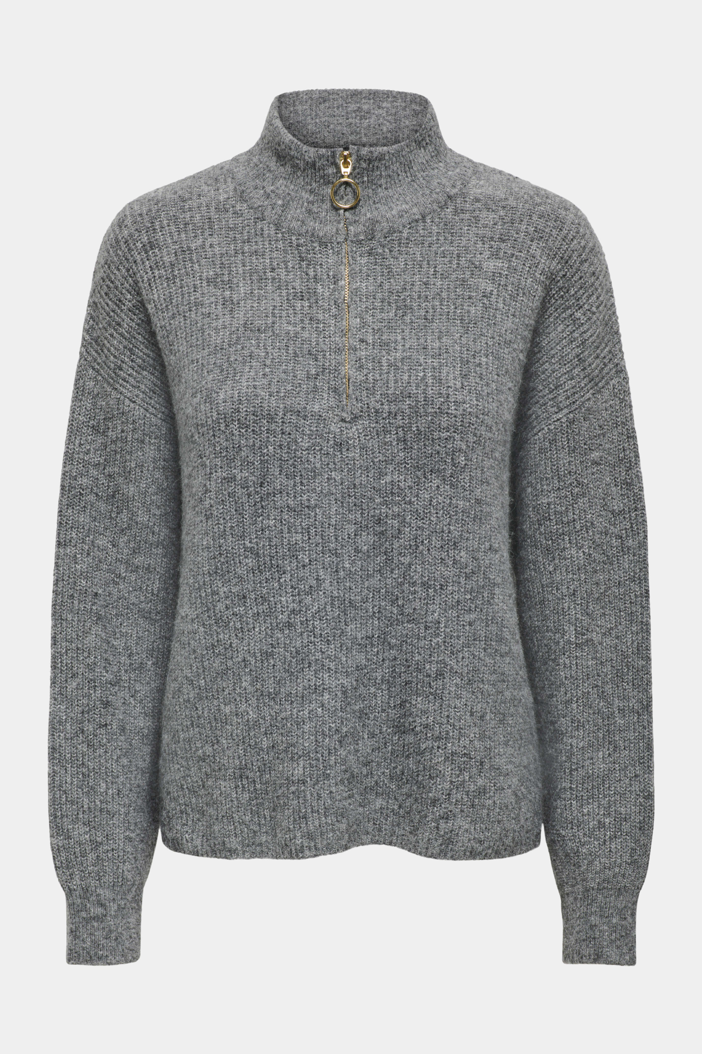 Fin, smuk, elegant, klassisk, staple, feminin, pæn, rå, cool, sej, unik, musthave, hverdag, fest, kvinde, dame, woman, knit, strik, pullover, lynlås, zip, zipper, langærmet, blød, soft, høj hals, turtleneck, løs, loose, warm, varm, uld, wool, grå, grey, melange, meleret, gråmeleret